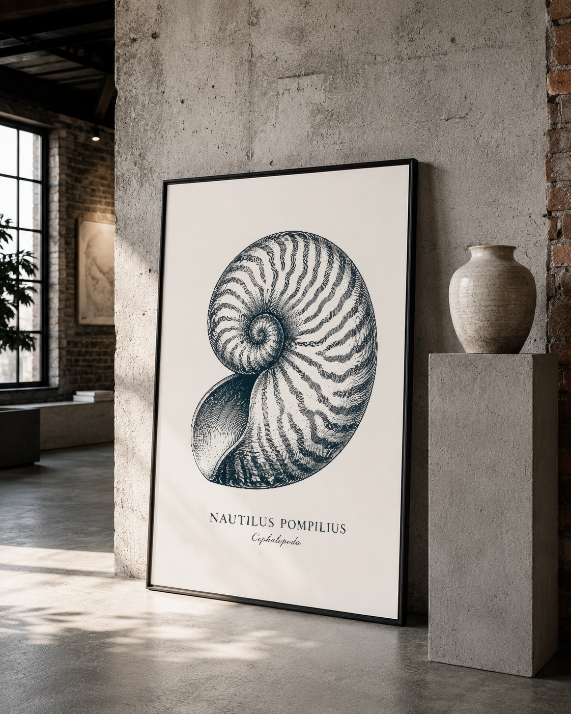Spiral deniz kabuğunun el çizimi, siyah çerçeveli poster, beton duvar ve seramik objelerle minimalist dekorasyon.