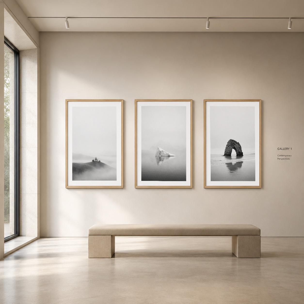 Açık ahşap çerçeveli üç parçalı tablo seti, modern galeri alanında sakin siyah beyaz doğa sahneleri.