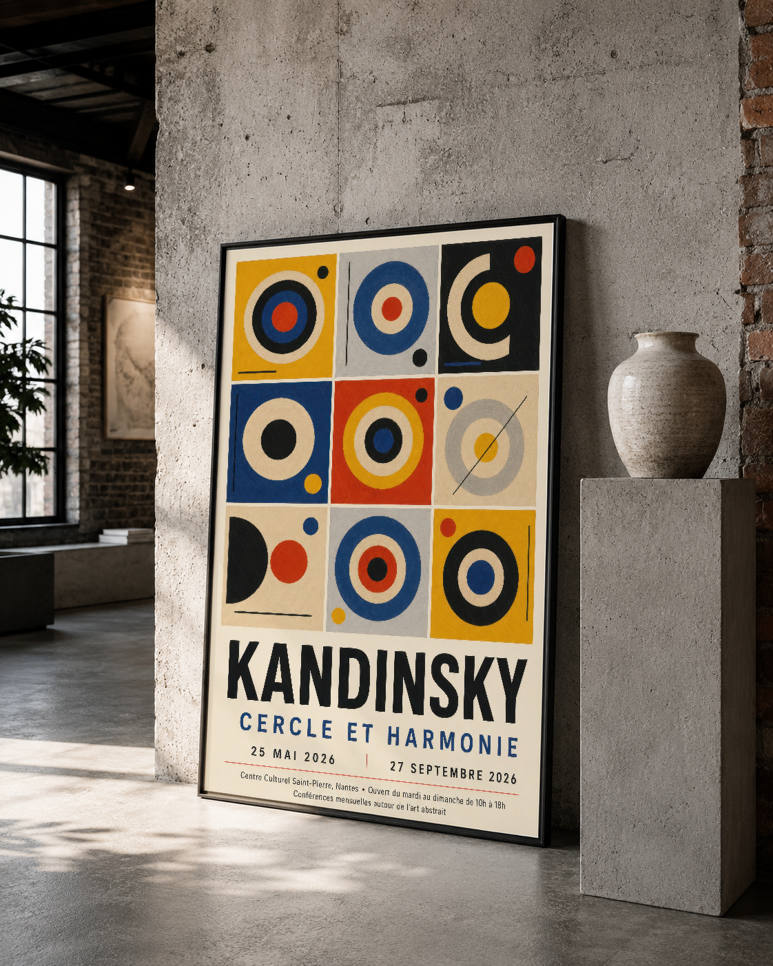 Siyah çerçeveli Kandinsky tablosu, çeliksi kolon ve taş duvarla beraber çağdaş galeri mekanında sergileniyor.
