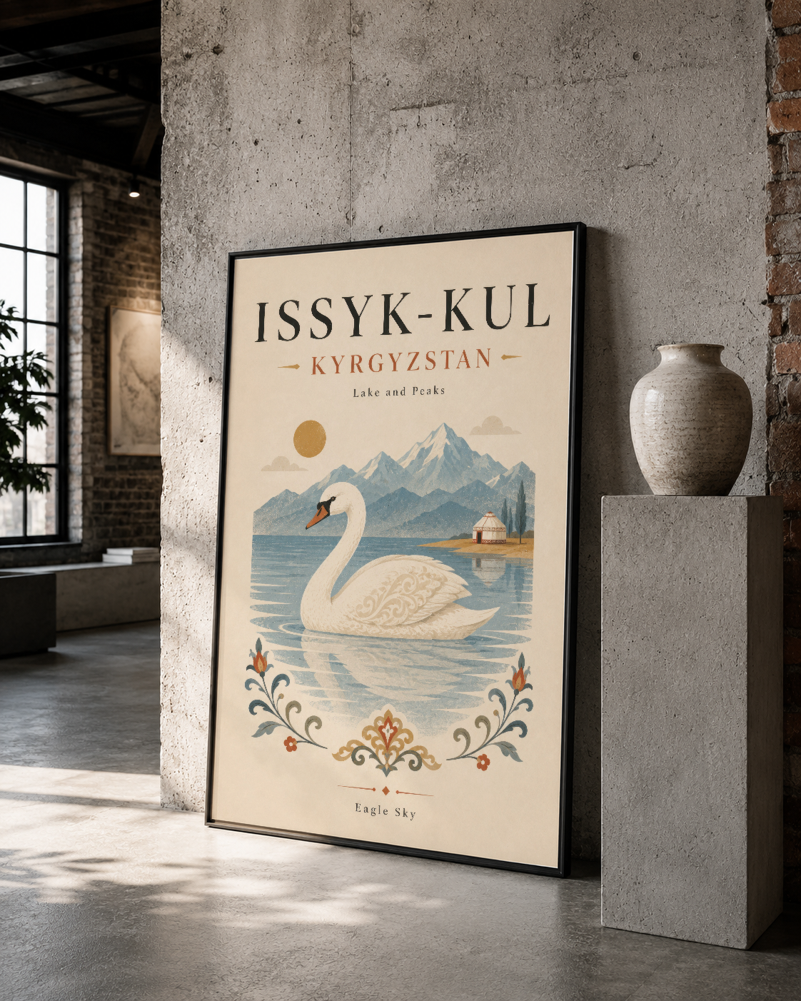 Issyk-Kul Kyrgyzstan poster, siyah çerçeveli sanat tablosu, endüstriyel dekor.