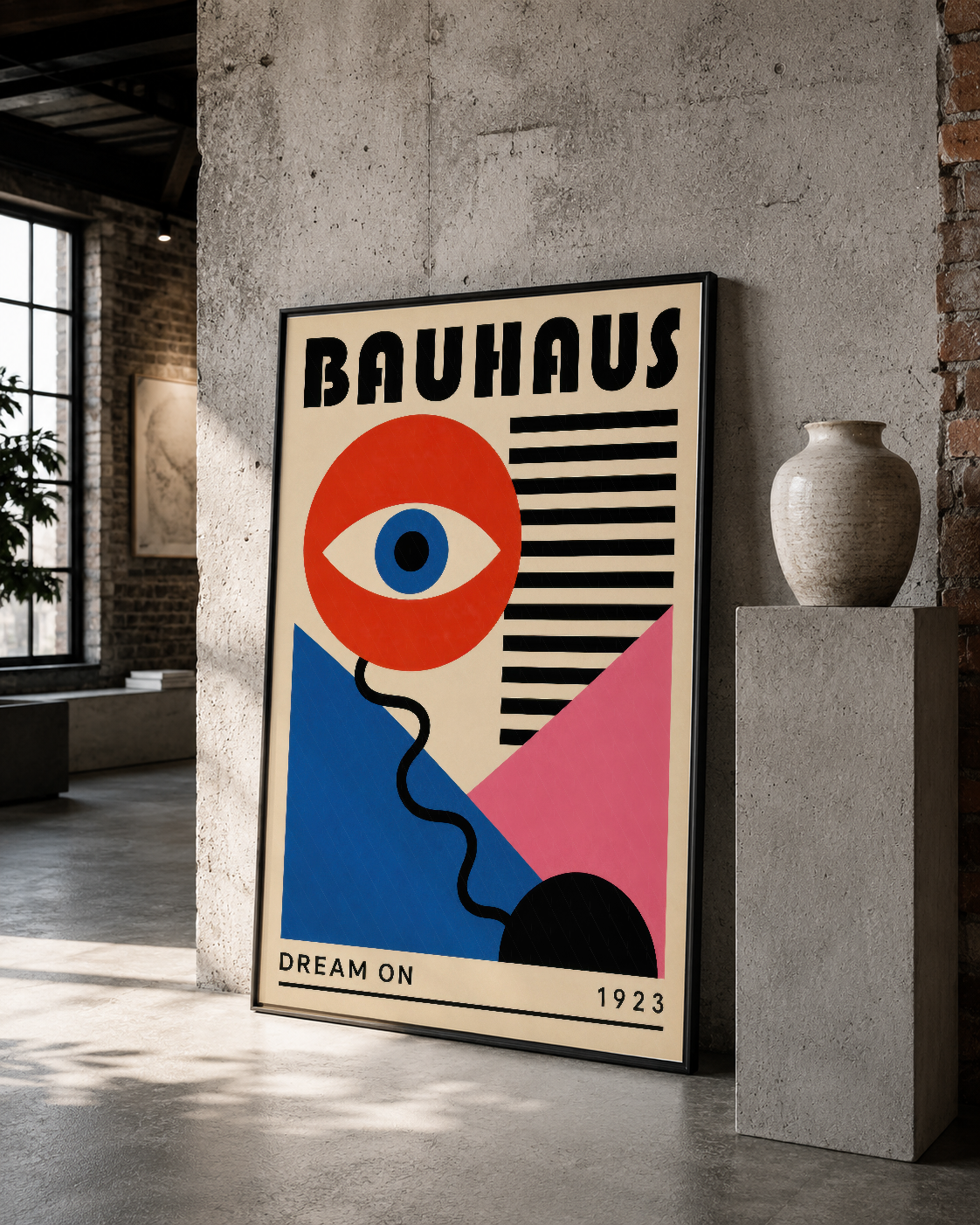 Bauhaus Dream On posterinin göz motifli grafik tasarımı, siyah çerçeve ve loft dekorasyonunda sanat sergisi.