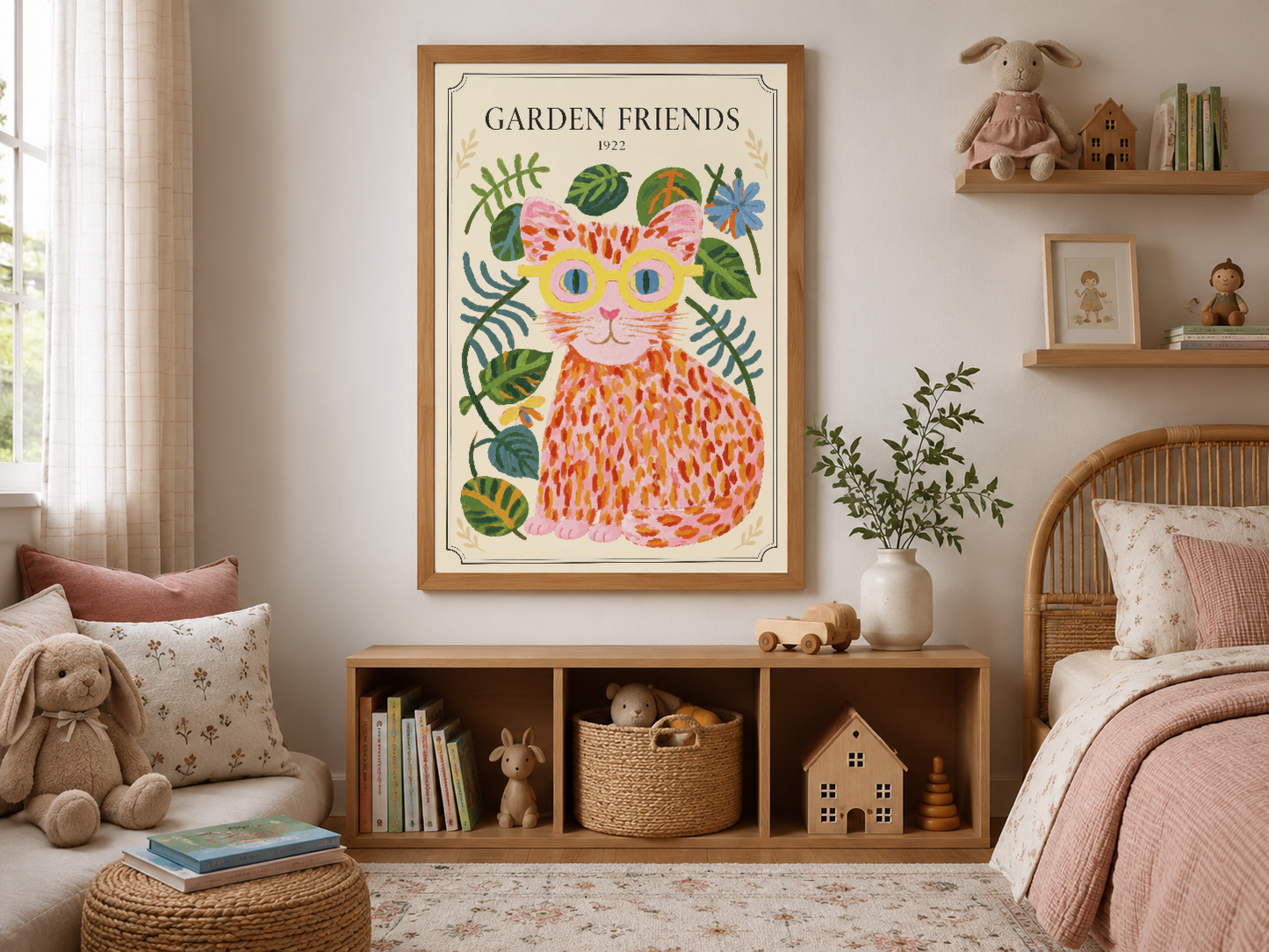 Açık ahşap çerçeveli, renkli bahçe kedisi posterinin, boho tarzı çocuk odasındaki görünümü.