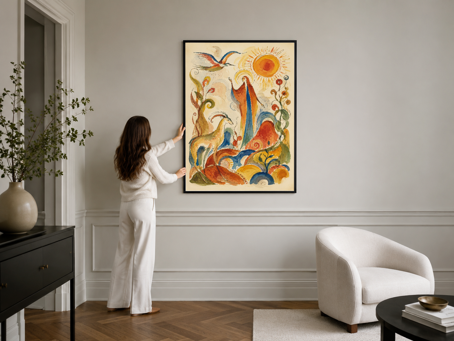 Bohem sanatı poster siyah çerçevede, minimalist iç dekorasyonun merkezinde yer alıyor.
