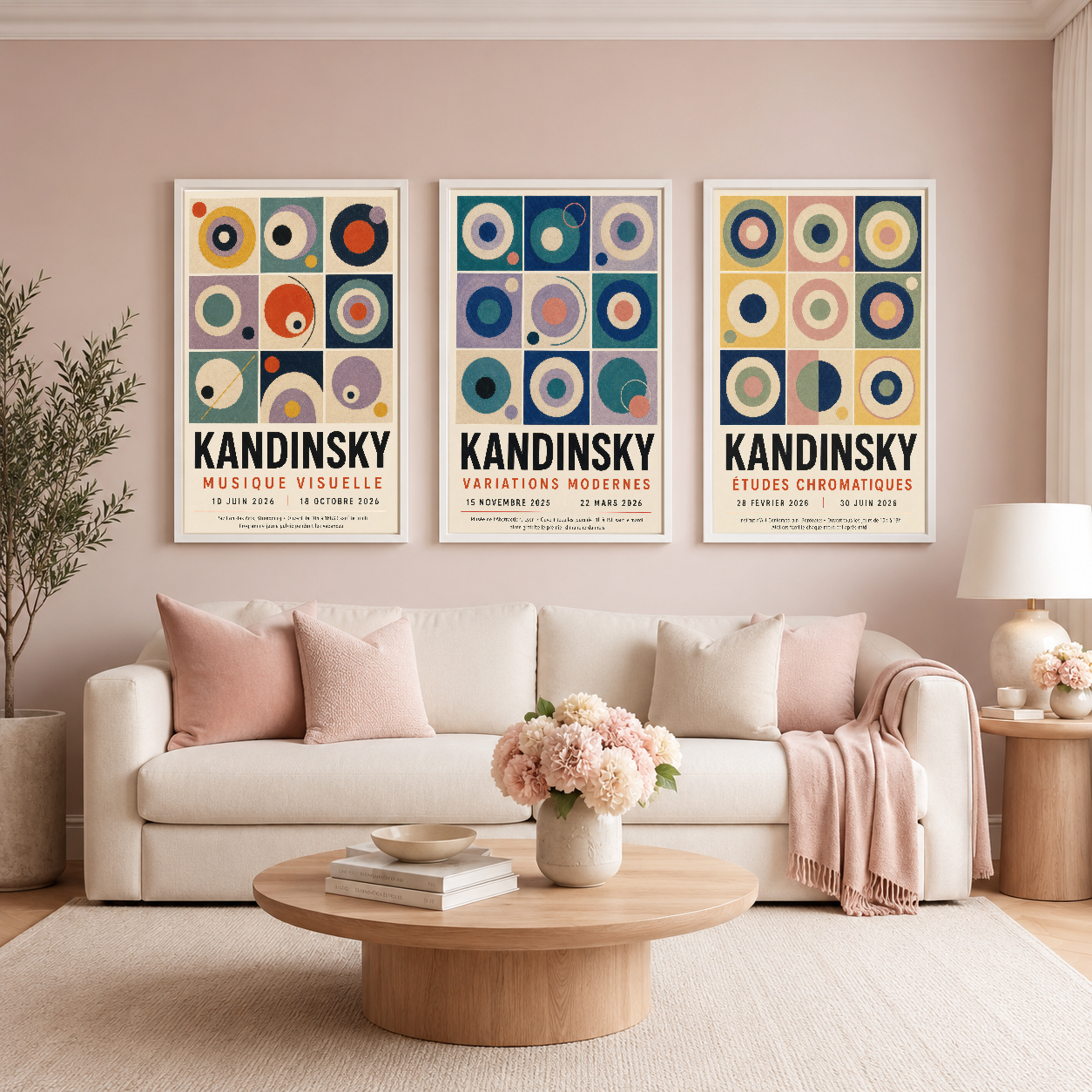 Kandinsky afişleri beyaz çerçeveyle, pembe tonlu oturma odasında sanatsal sofistikasyon ve renkli geometrik ritim oluşturan