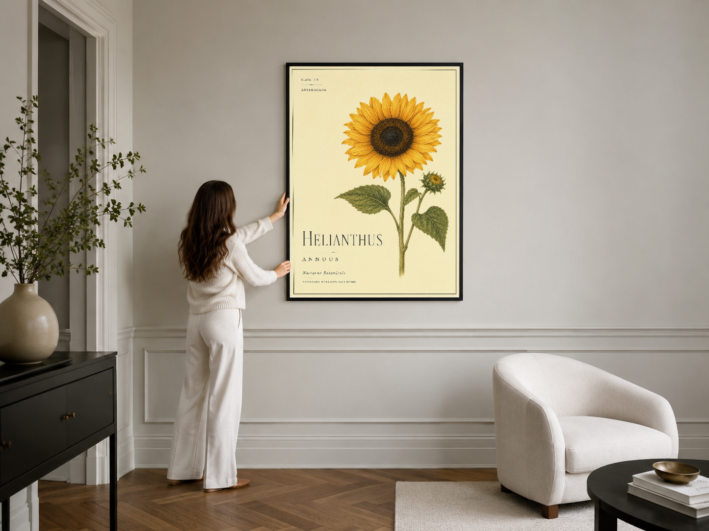 Botanik ayçiçeği poster, siyah çerçeveli, şık iç dekorasyonda göz seviyesinde asılı duran sanat eseri.