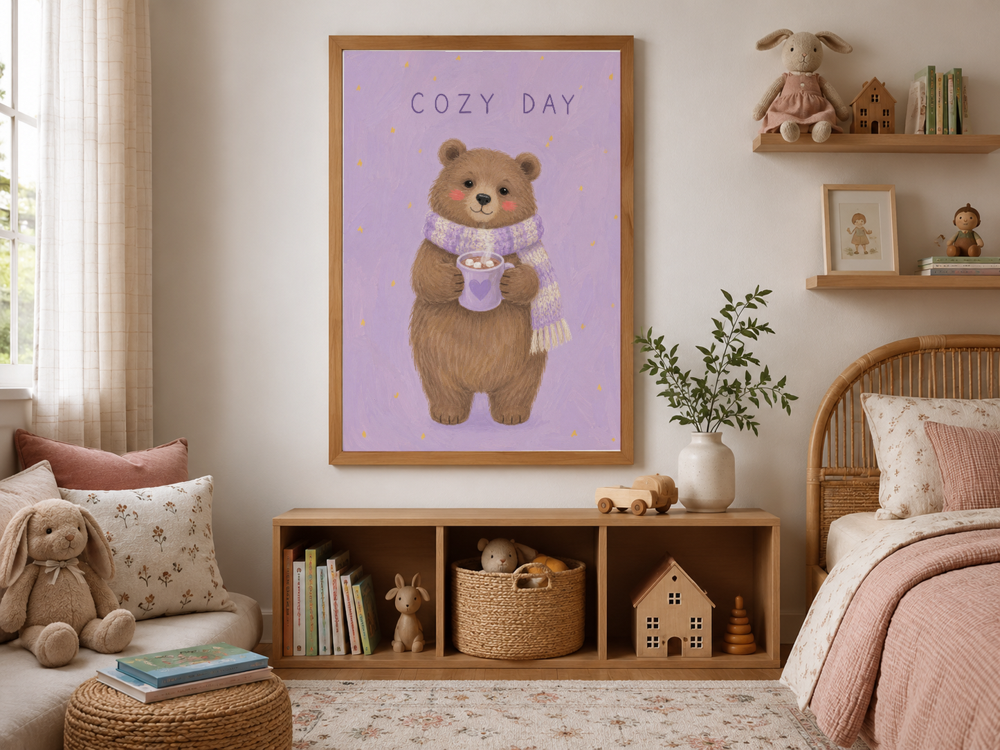 Ahşap çerçevede, Cozy Day temasıyla sevimli bir ayıyı gösteren, ılık renkli dekoratif poster.