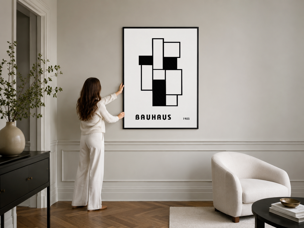 1923 Bauhaus siyah çerçeveli tasarım, zarif oturma odasının duvarında modern soyut sanat eseri.