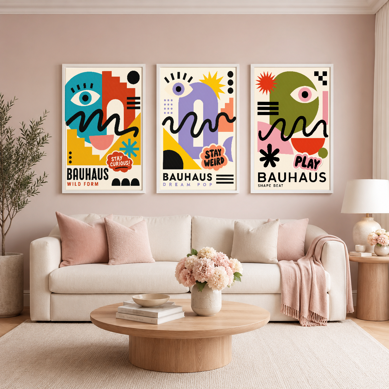 Bauhaus üç parça tablo seti, pembe oturma odasında retro-modern sanat duvarı oluşturuyor.