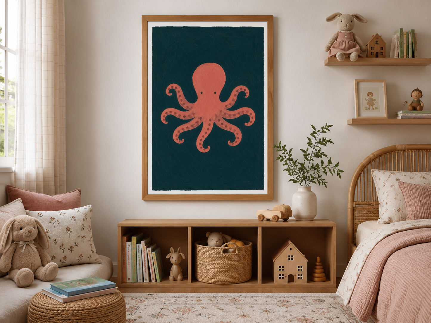 Ahşap çerçeveli, deniz canlısı ahtapot deseni taşıyan çocuk odası poster, sıcak dekoratif tablo.