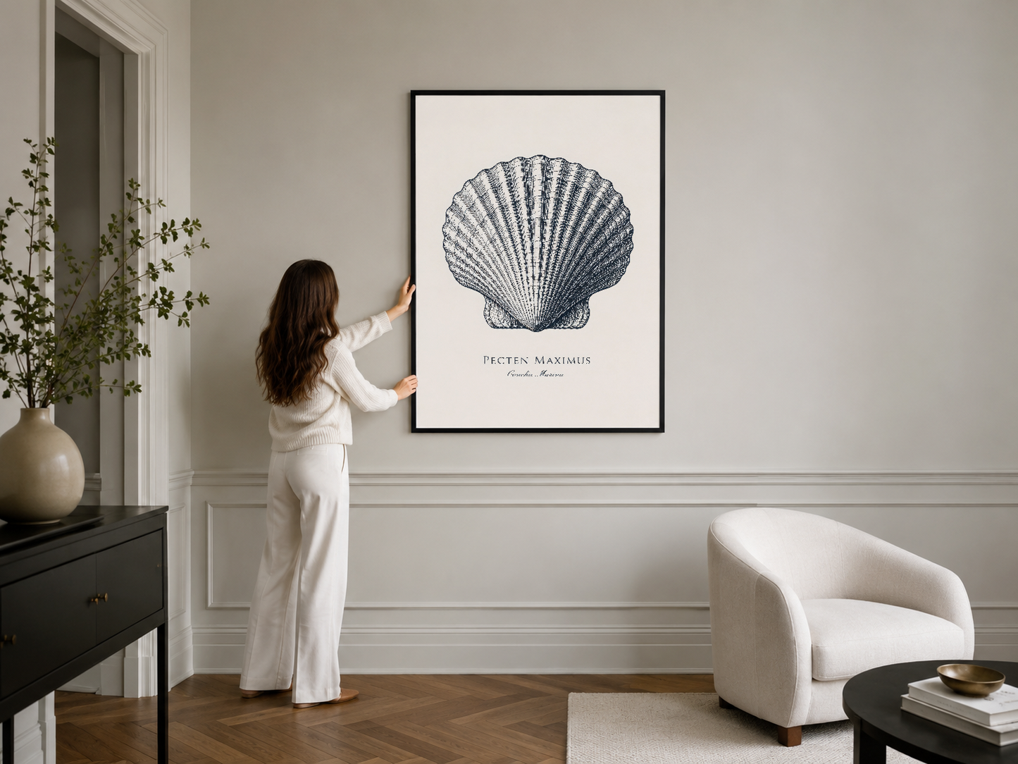 Pecten Maximus beyaz çerçeveli poster, minimalist klasik iç tasarımda duvar sanatı.