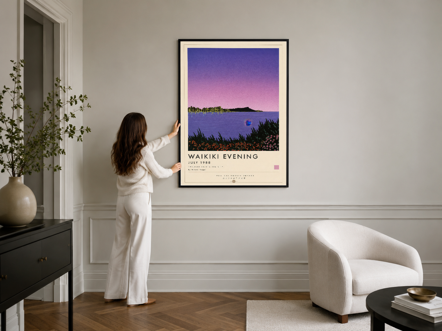 Waikiki Evening duvar tablosu, minimalista iç tasarımda siyah çerçevesi ve pastel gün batımı sahnesiyle etkili görünüyor.
