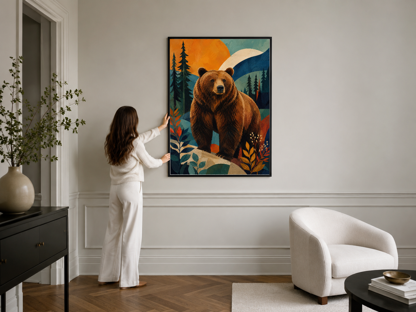 Çağdaş tasarımlı, canlı renkli ayı sanat tablosu, minimalist iç mekan dekorasyonunda sergilenen çerçeveli baskı.