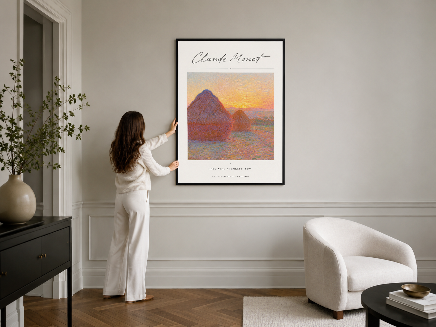 Monet'nin İç Bendler tablosu siyah çerçevelenmiş, modern minimalist iç dekorasyonda duvar sanatı olarak sunuluyor.