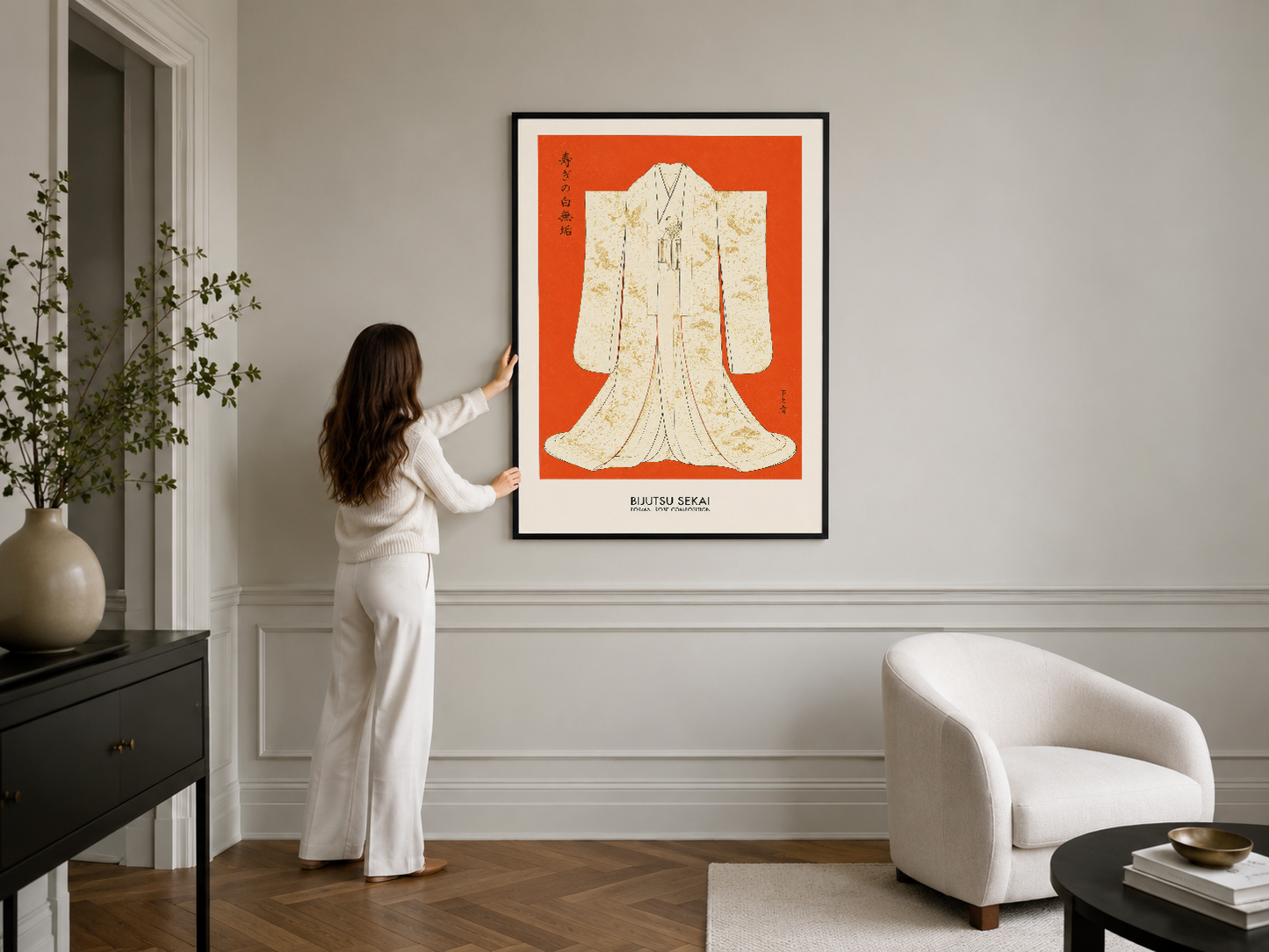 Siyah çerçeveli, turuncu zemin ve harika kimono tasarımı, modern beyaz iç mekanında asılı duran estetik duvar sanatı.