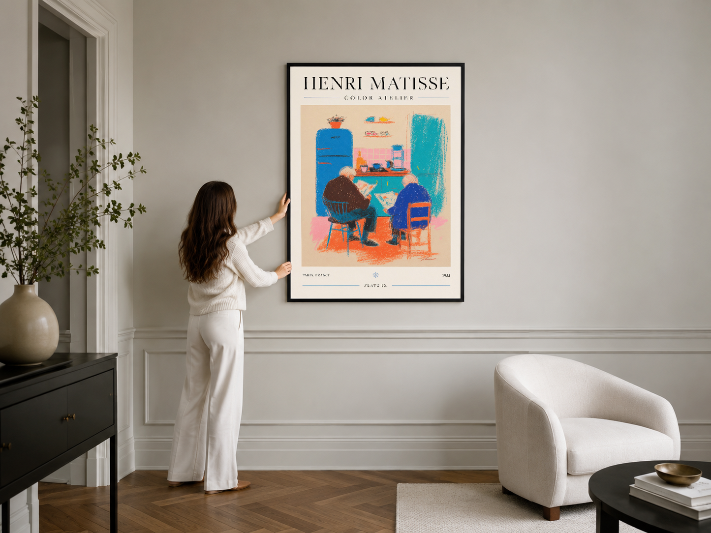 Henri Matisse Color Atelier posteri, siyah çerçevede, minimal yaşam odasında duvarına asılı renkli ve neşeli tasarım.