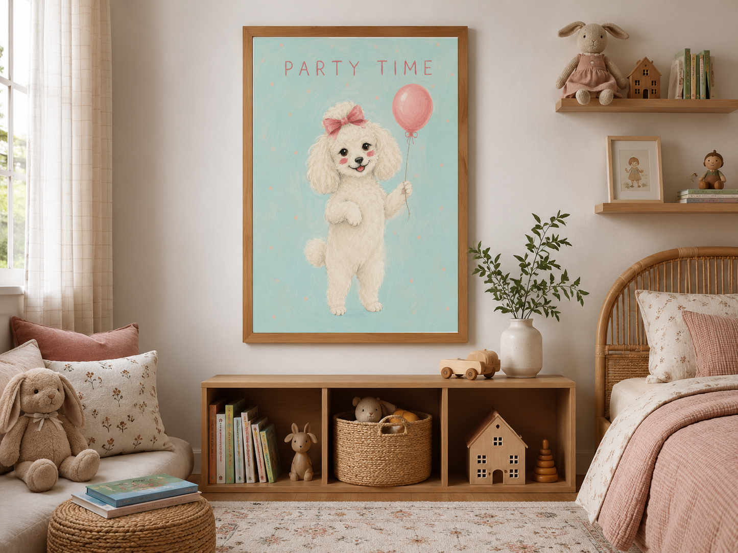 Sevimli pudle köpeği pembe balonla, turkuaz arka funda, kahverengi çerçevede çocuk odası duvarında.