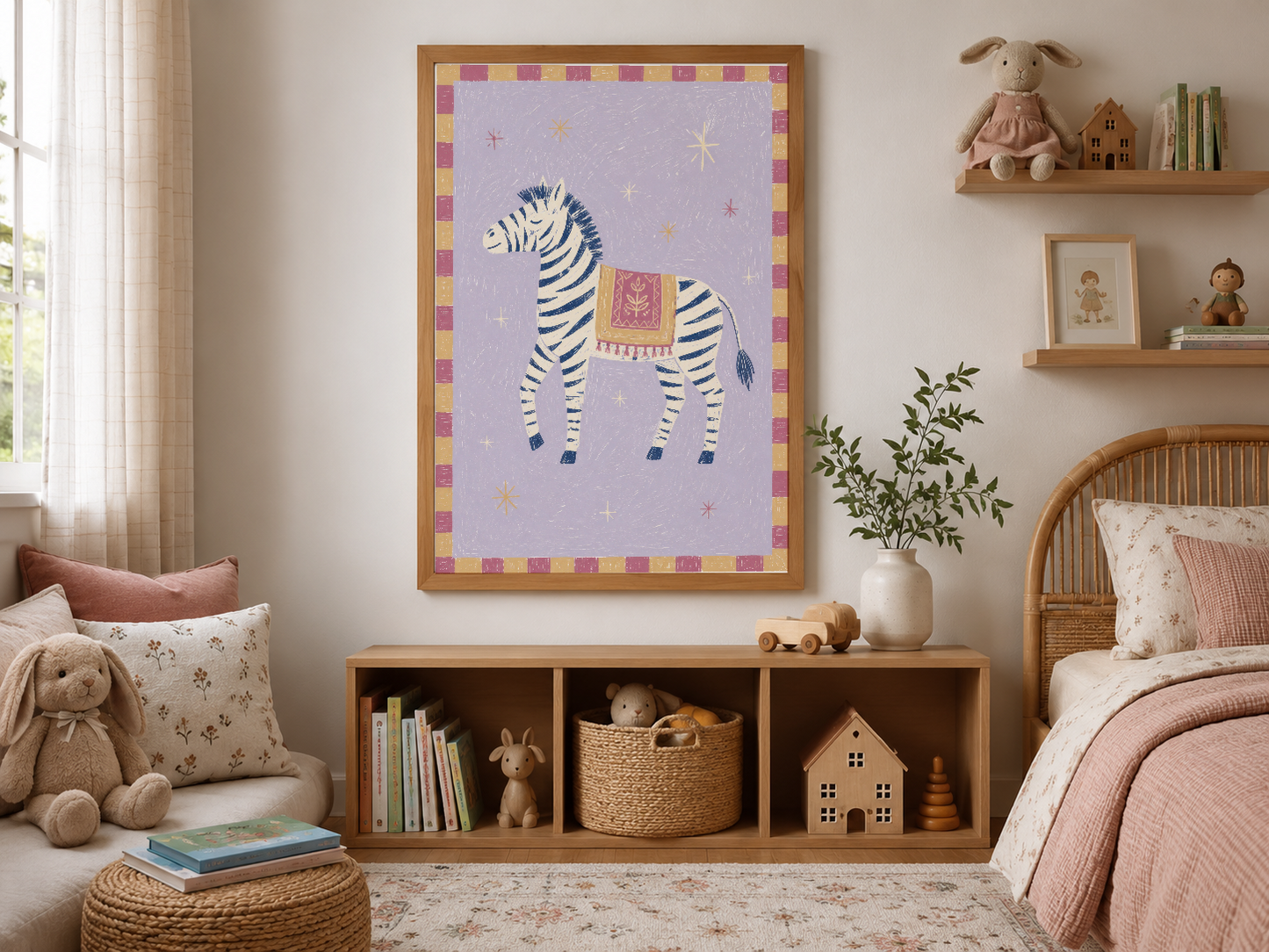 Ahşap çerçeveli, lila arka funda renkli detaylı zebra figürlü çocuk odası duvar dekorasyon tablosu.