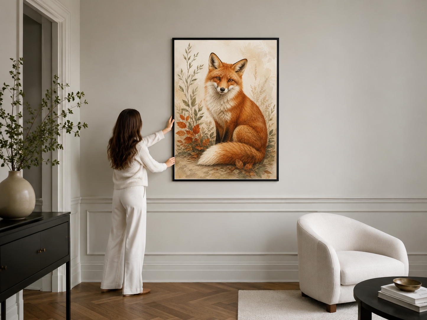 Siyah çerçevelenmiş salon duvarında, otobiyografik tilki tablosu modern iç mekanla.