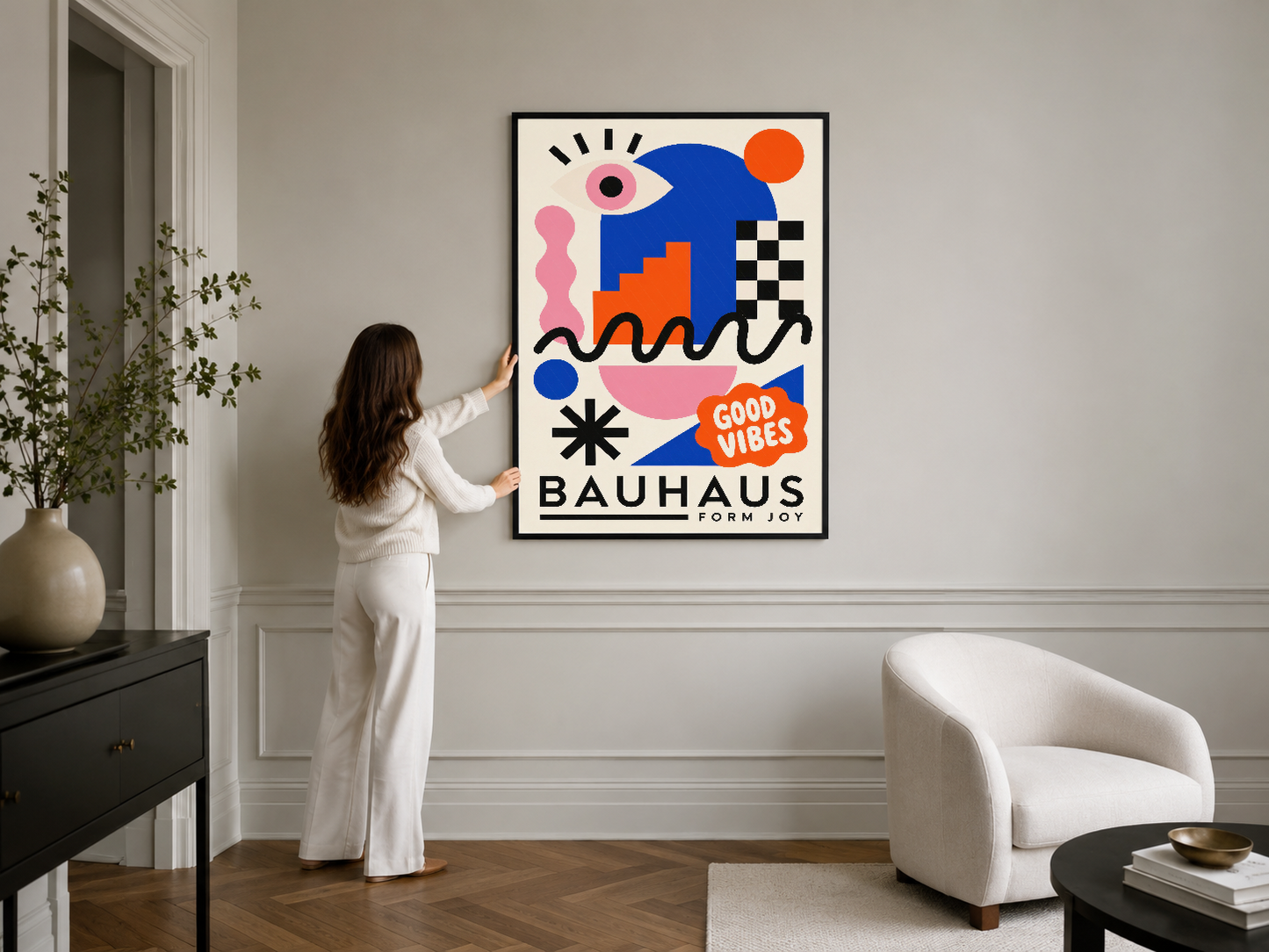 Dinamik soyut Bauhaus tasarım posteri, şık modern interiorda duvar sanat eseri olarak.