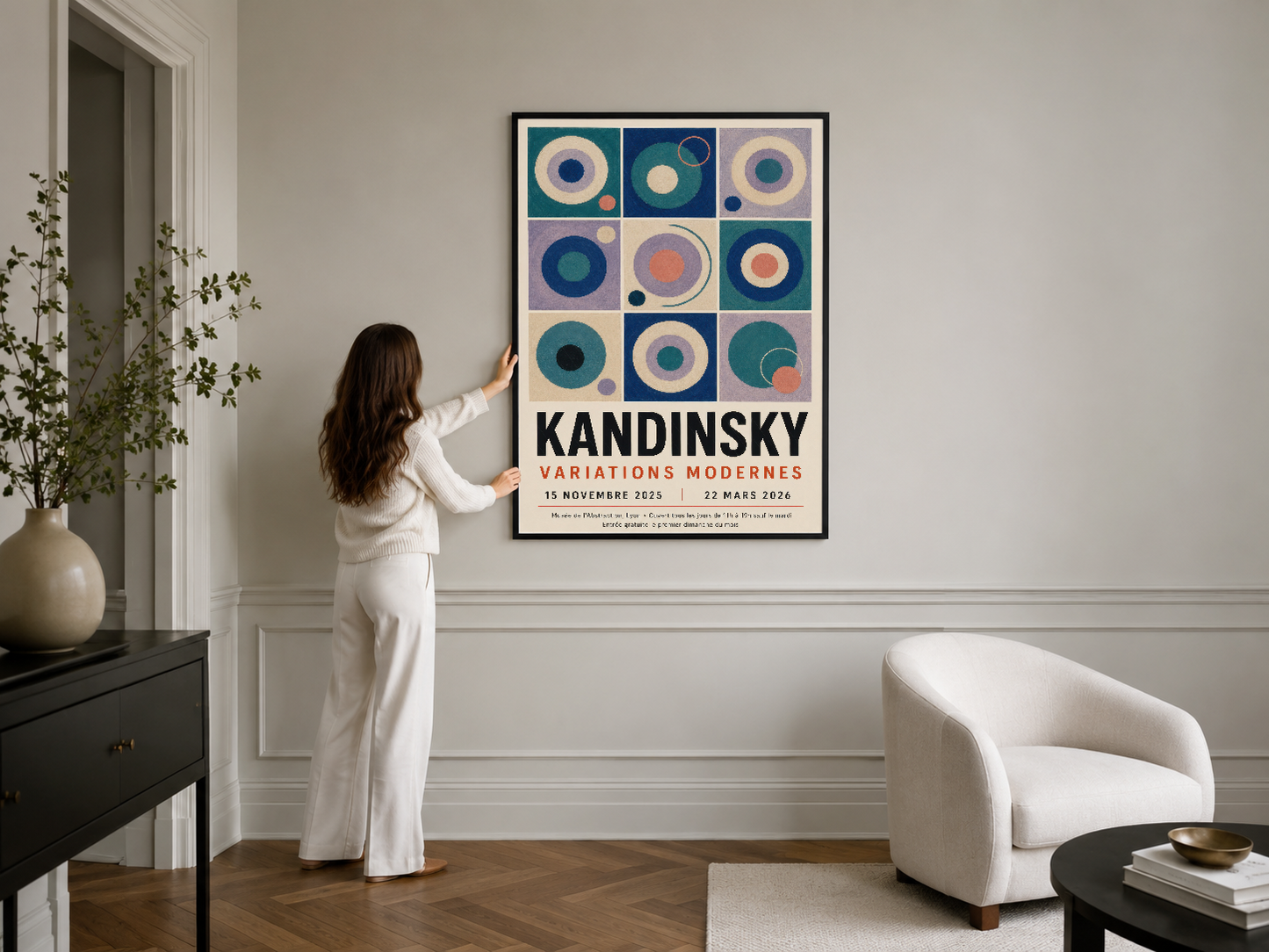 Kandinsky Variations Modernes sanat posteri, contemporary daire deseni siyah çerçevede modern yaşam alanının merkezi