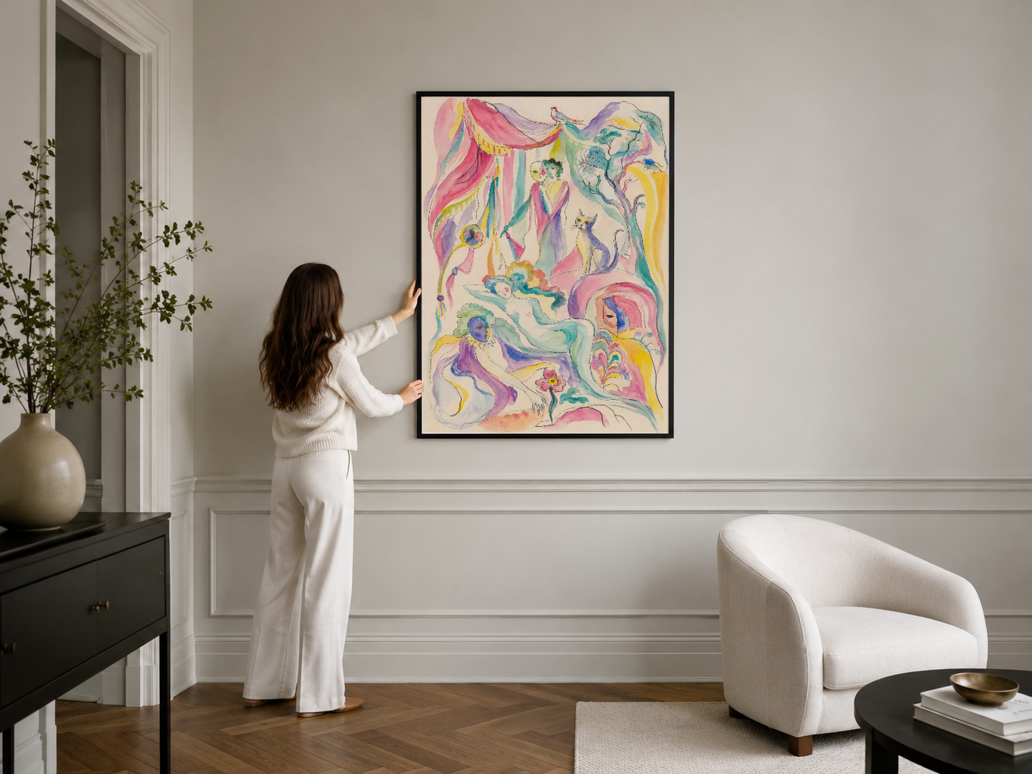 Pastel renkler ve sürreal figürlerle hazırlanmış bu poster, minimalist ve şık bir iç mekan tasarımına sanatsal bir boyut