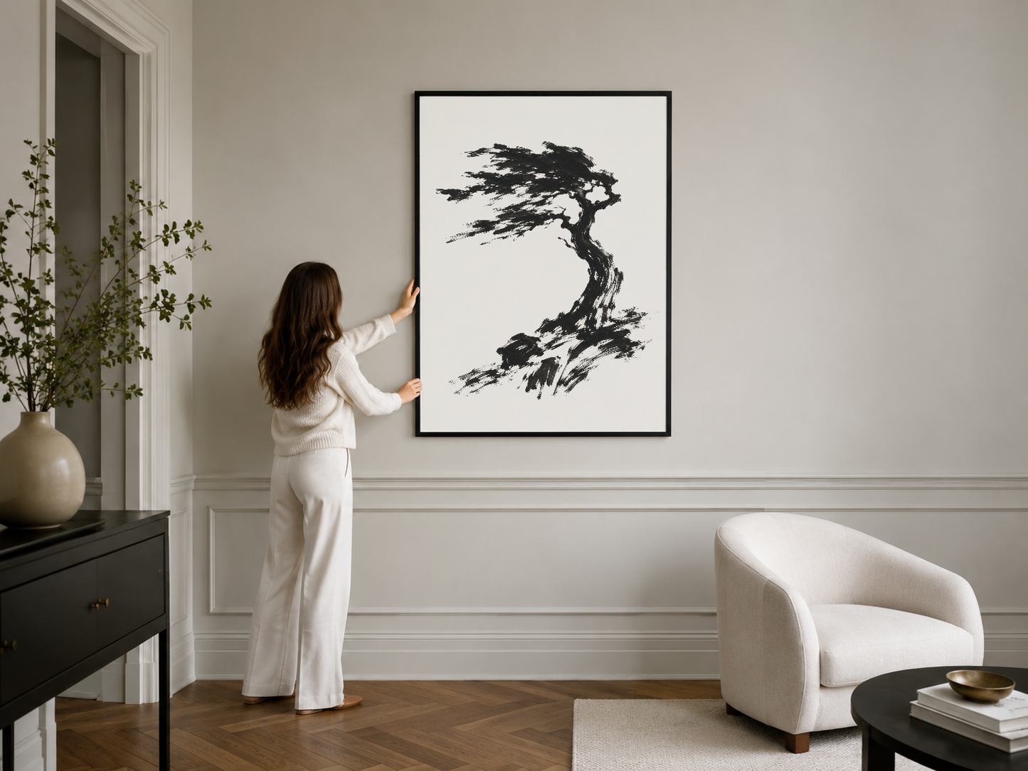 Minimal bonsai ağacı baskısı, siyah çerçeveli duvar sanatı, beyaz neoklasilerde asılı poster.