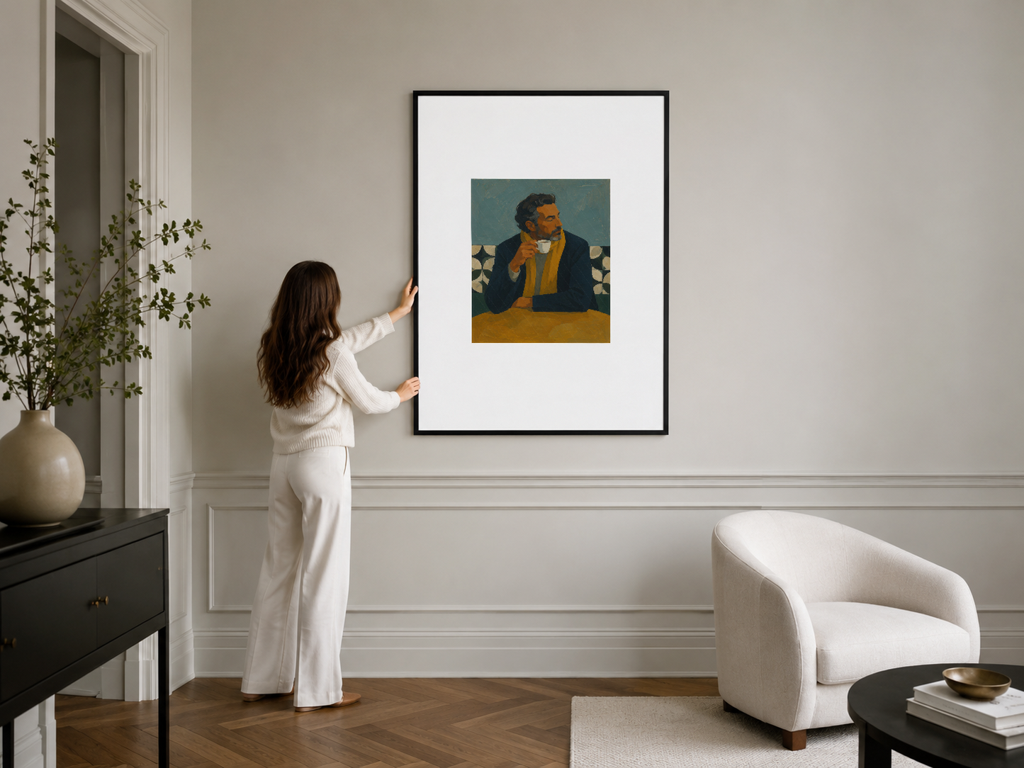 Siyah çerçeveli portre sanatı, figüratif stil, minimalist iç dekorasyon duvar tablosu.