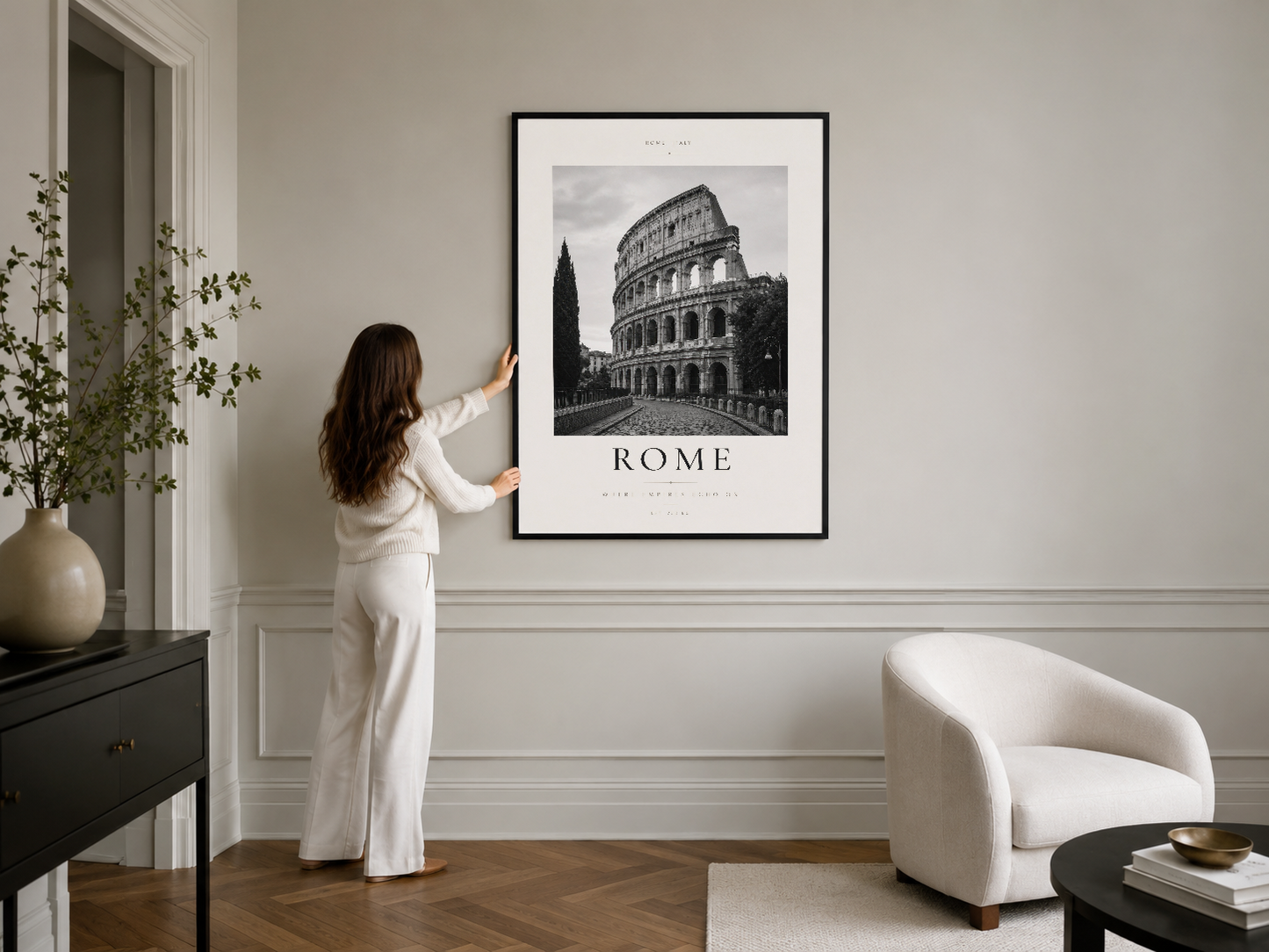 Siyah çerçeveli Roma temalı tablo, modern minimalist iç mimariye uygun şık ve zaraflı duvar dekorasyonu.