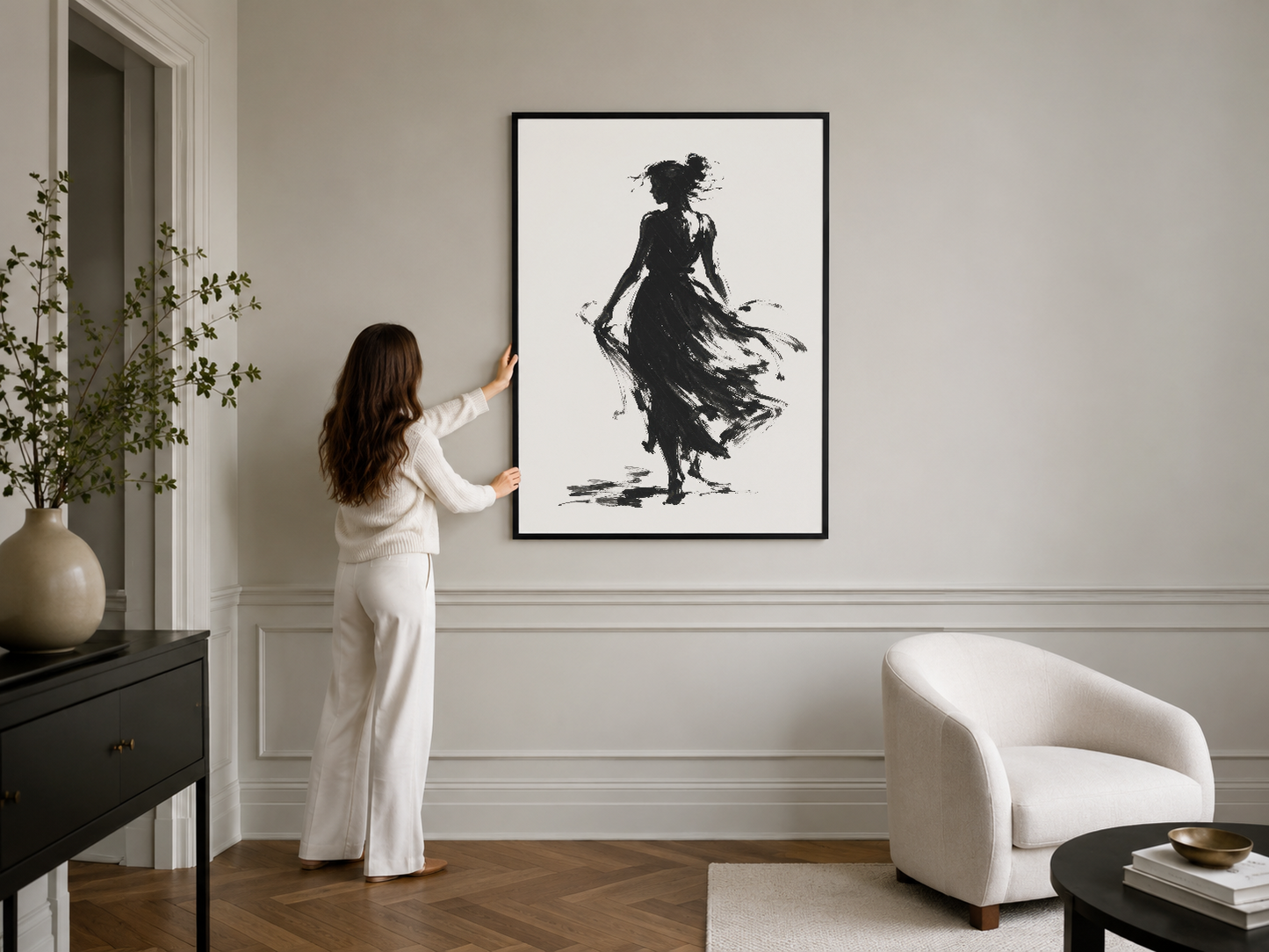 İnsan figürü tasarımı, siyah çerçeveli contemporary tablo, minimalist beyaz duvar dekorasyonu.