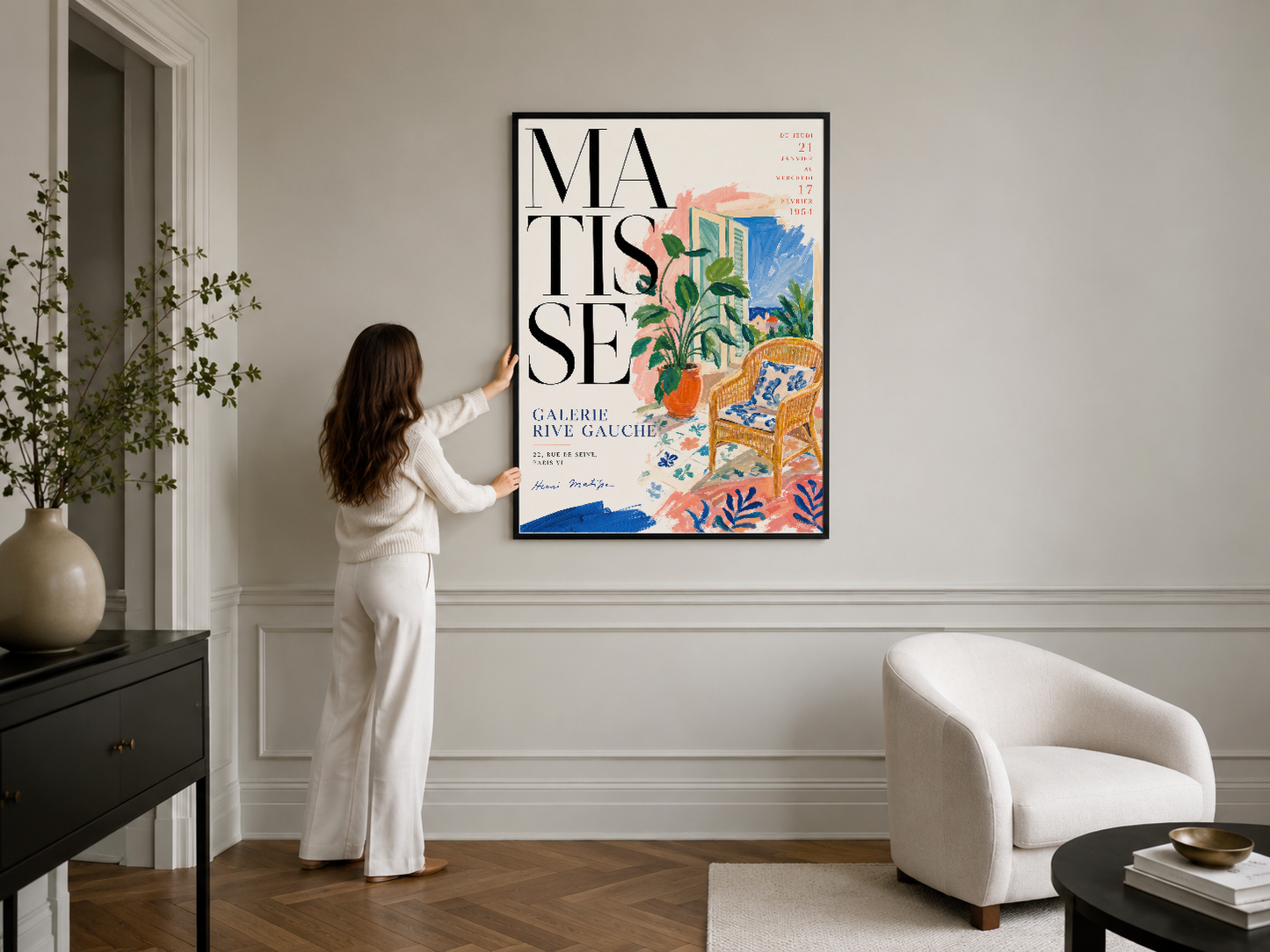 Matisse sergisi afişi, siyah çerçeveli modern sanat tablosu, oturma odasının dekoratif aksanı.