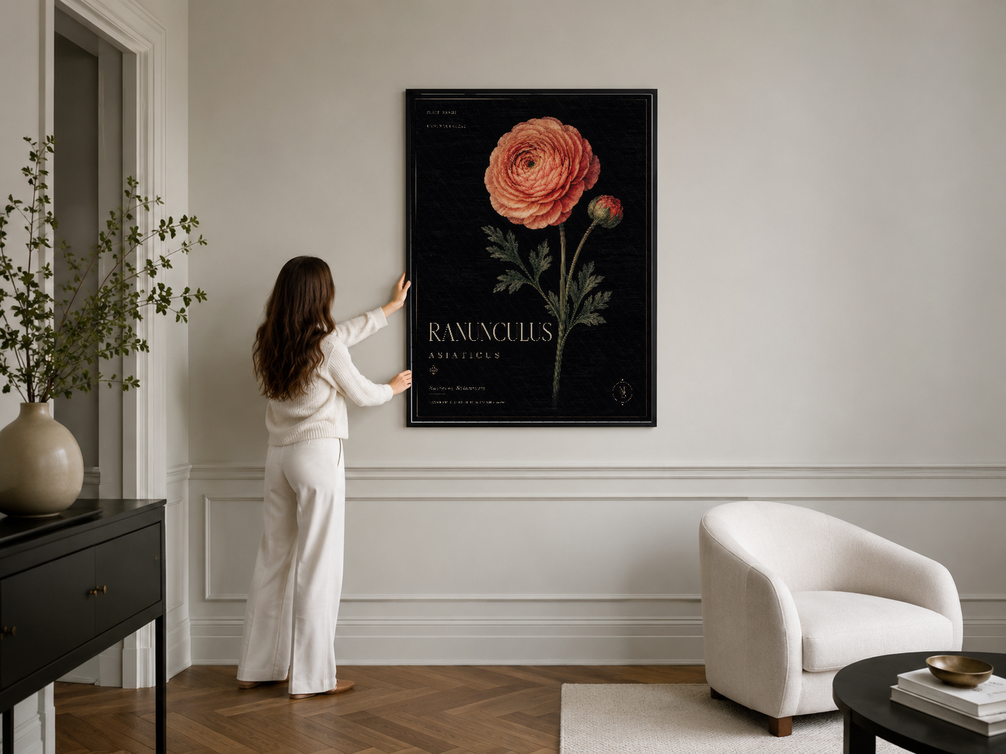 Ranunculus botanik tablosu, klasik siyah çerçevesiyle şık yaşam alanında duvarın odak noktası.