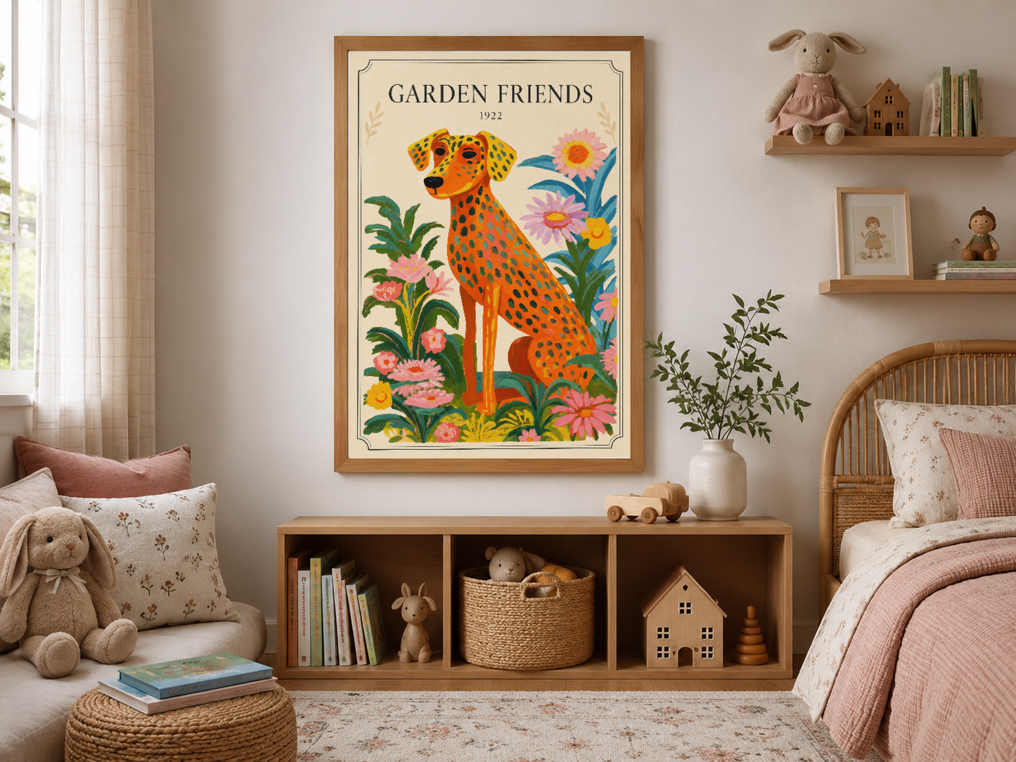 Ahşap çerçeveli Garden Friends posteri, ılık renklerle süslenmiş çift kişilik yatak odasında sanat etkinliği.