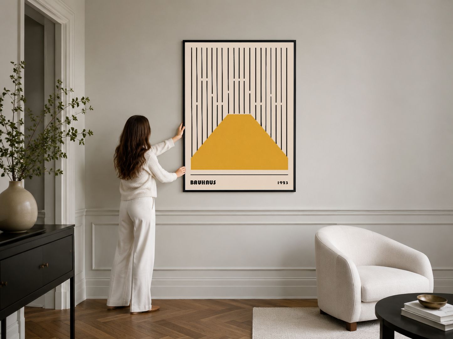 Retro geometrik tasarımlı çerçeveli duvar tablosu, minimalist Bauhaus stiliyle kontempler dekor öğesi.