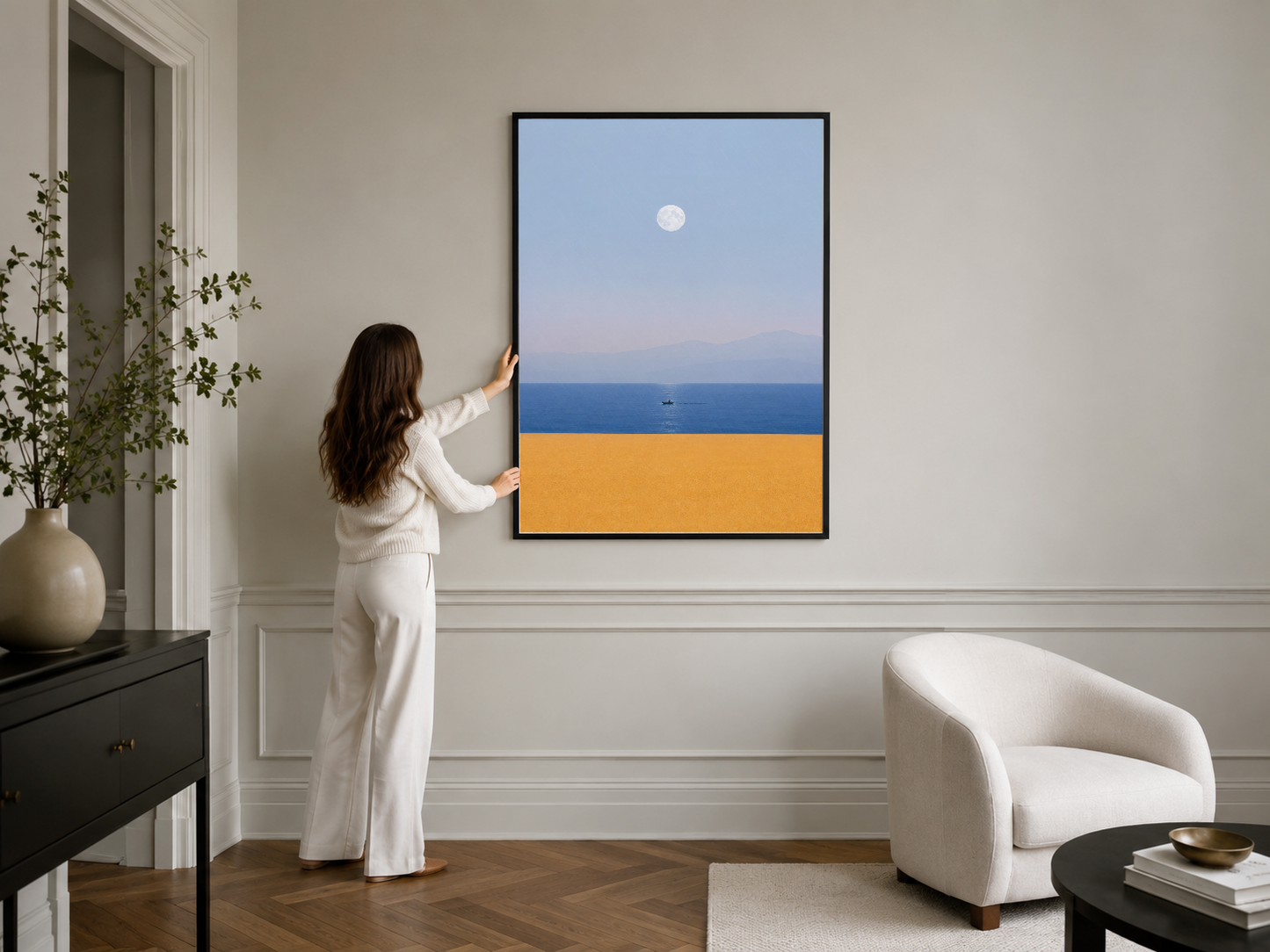 Deniz ve ay konseptli poster, siyah çerçevede klasik iç dekorasyondaki beyaz duvara zarafet ve huzur katan sanat eseri.
