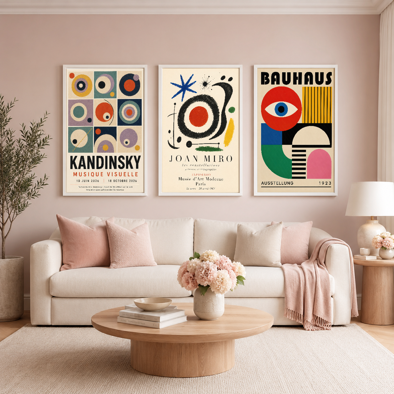 Krem kanapesinin üstünde asılı, renkli Bauhaus ve soyut sanat posterlerinden oluşan retro üç panel tablo koleksiyonu.