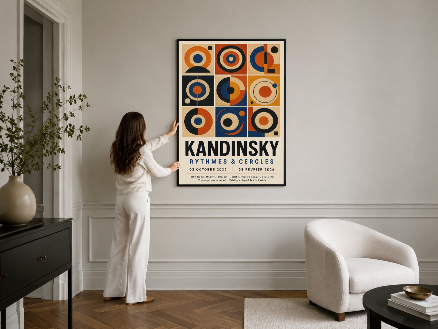 Kandinsky sanat posteri, siyah çerçevesi ile modern minimalist oturma odasındaki şık duvar dekorasyonu.