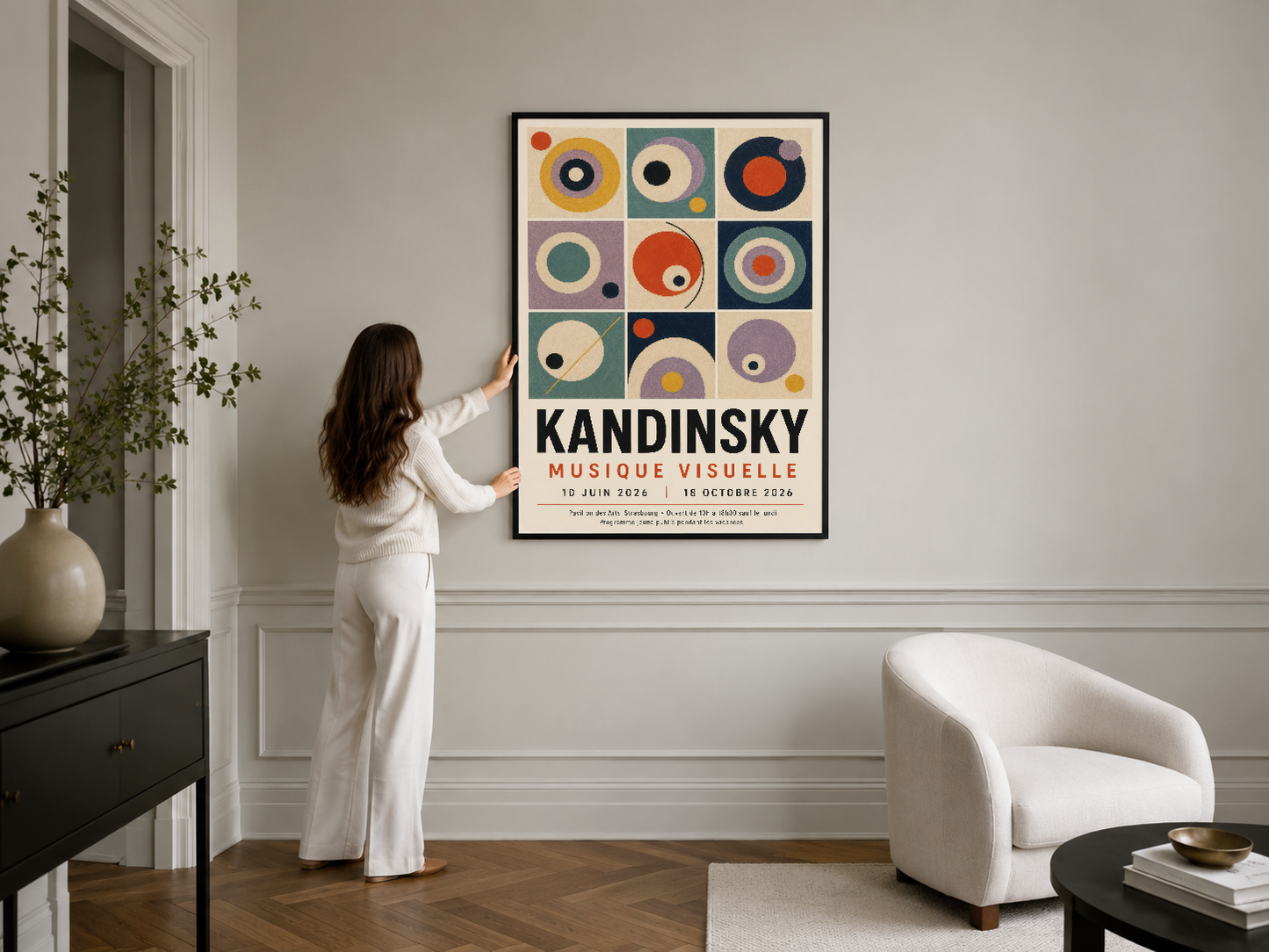 Kandinsky poster sergisi tasarımı, siyah çerçeveli haliyle şık minimalist yaşam alanının merkezinde yer alıyor.