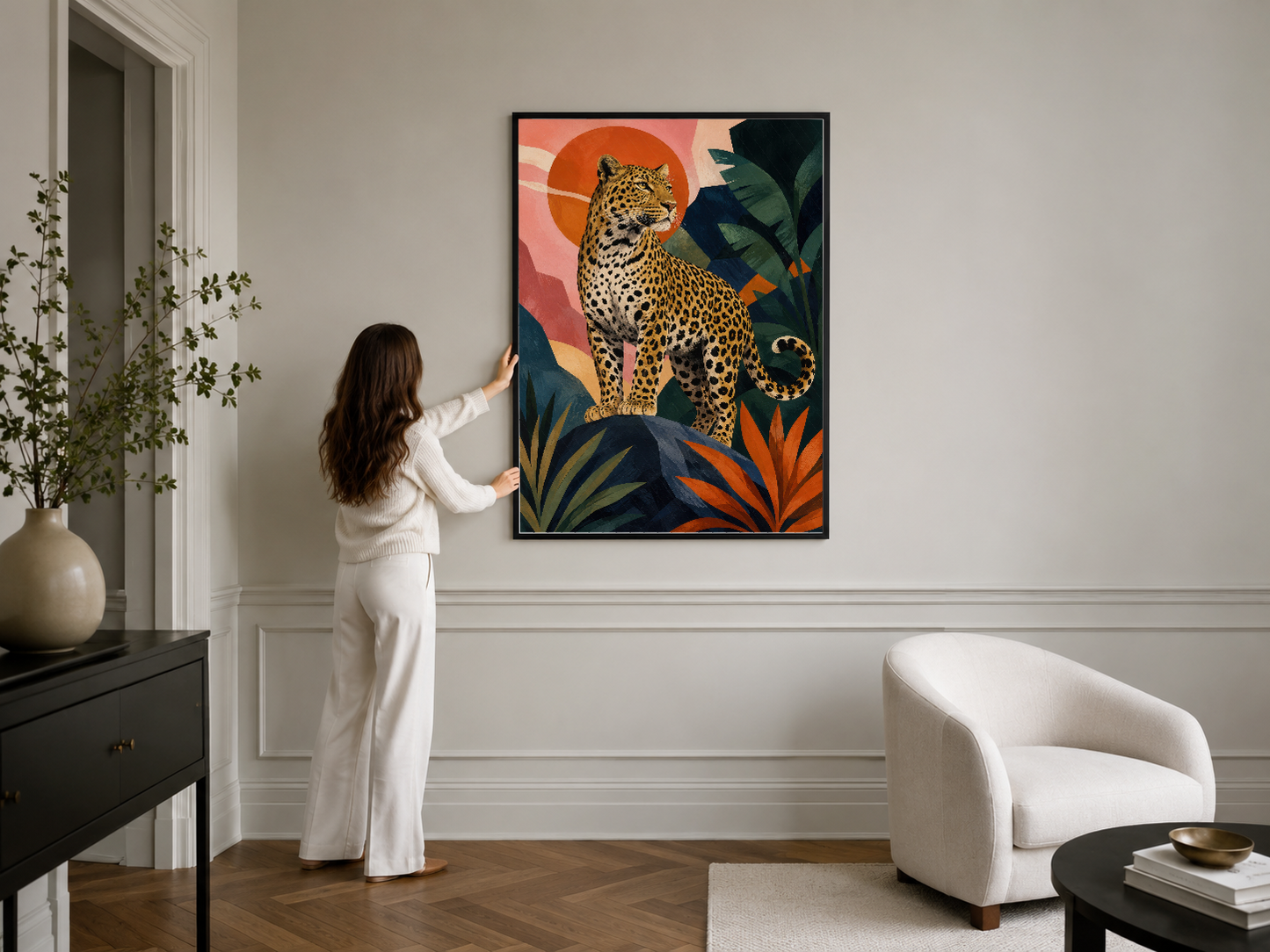 Çerçeveli leopar tablosu, sanat deco stilinin zarif çizgileriyle şık bir duvarı tamamlayan klasik eser.