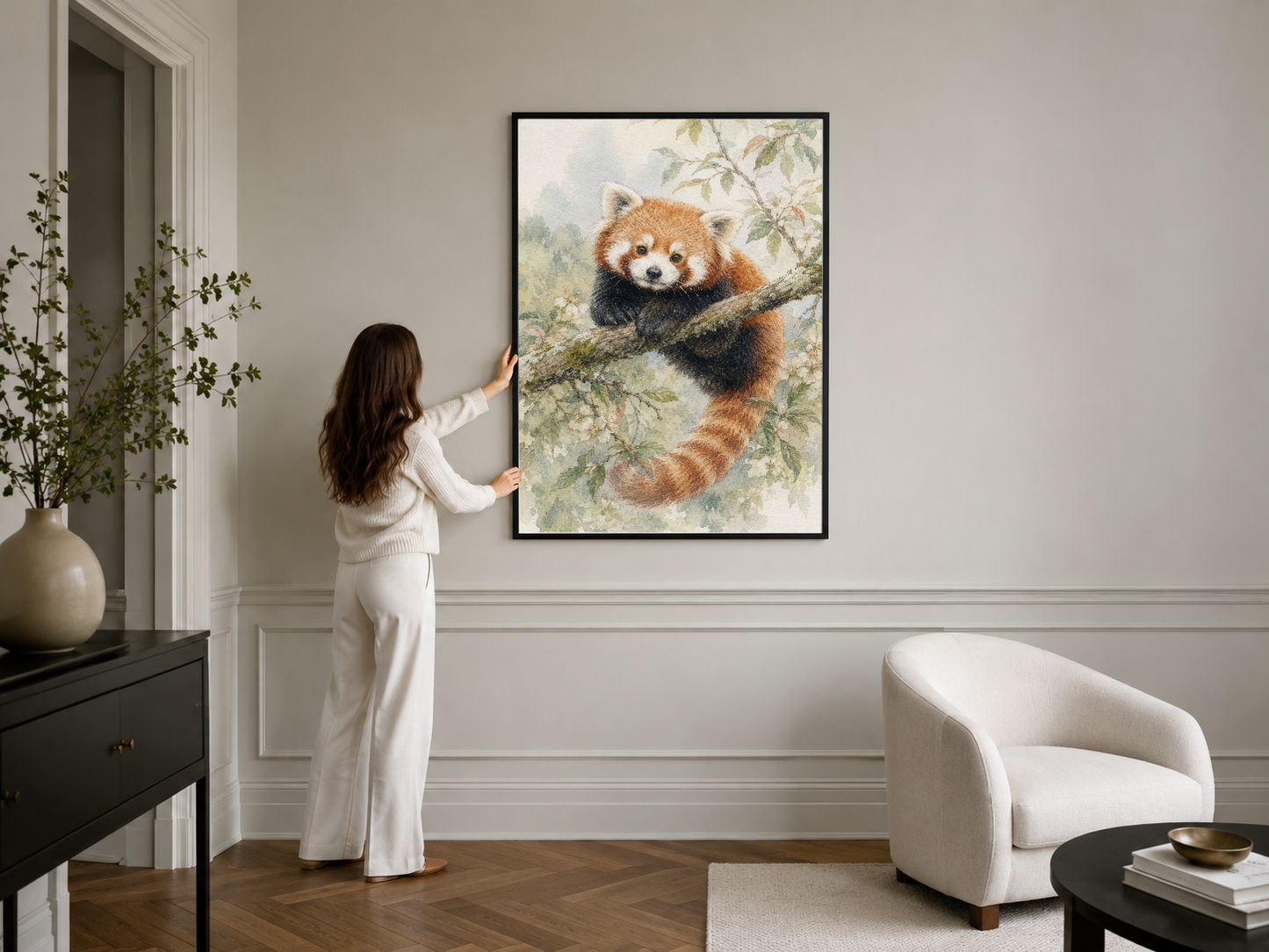 Siyah çerçeveli kırmızı panda portresi, modern iç mekana zarif bir dokunuş katan duvar sanat ürünü.
