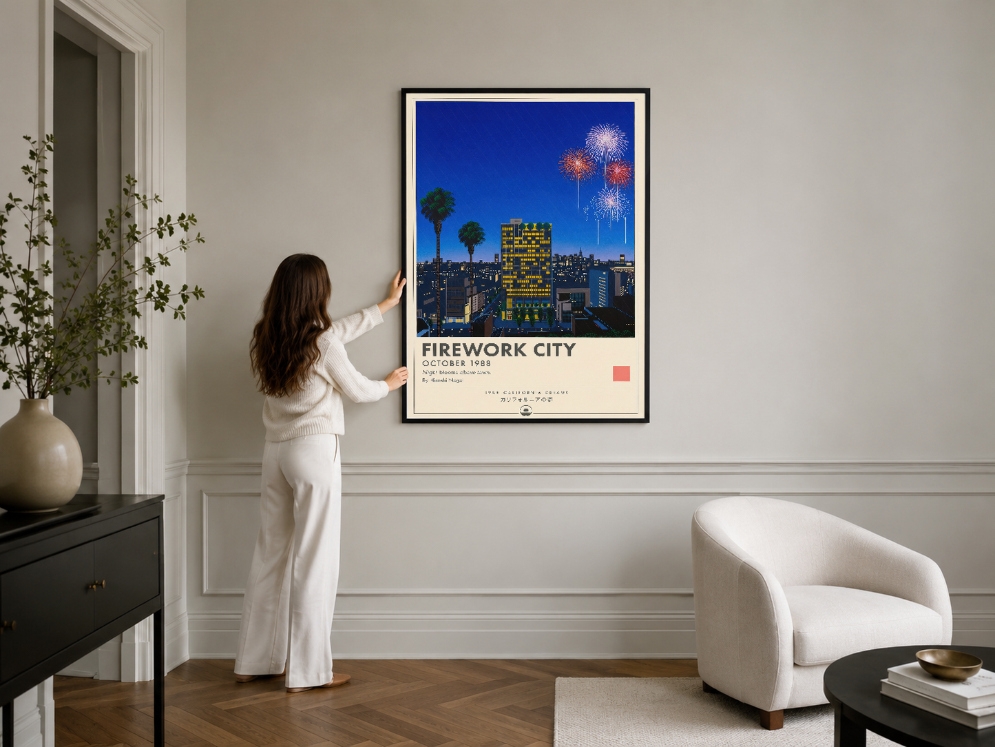 Retro Los Angeles görüntüsü sunan, siyah çerçeveli duvar posteri, gece hayatının ruhunu yansıtan tasarım.