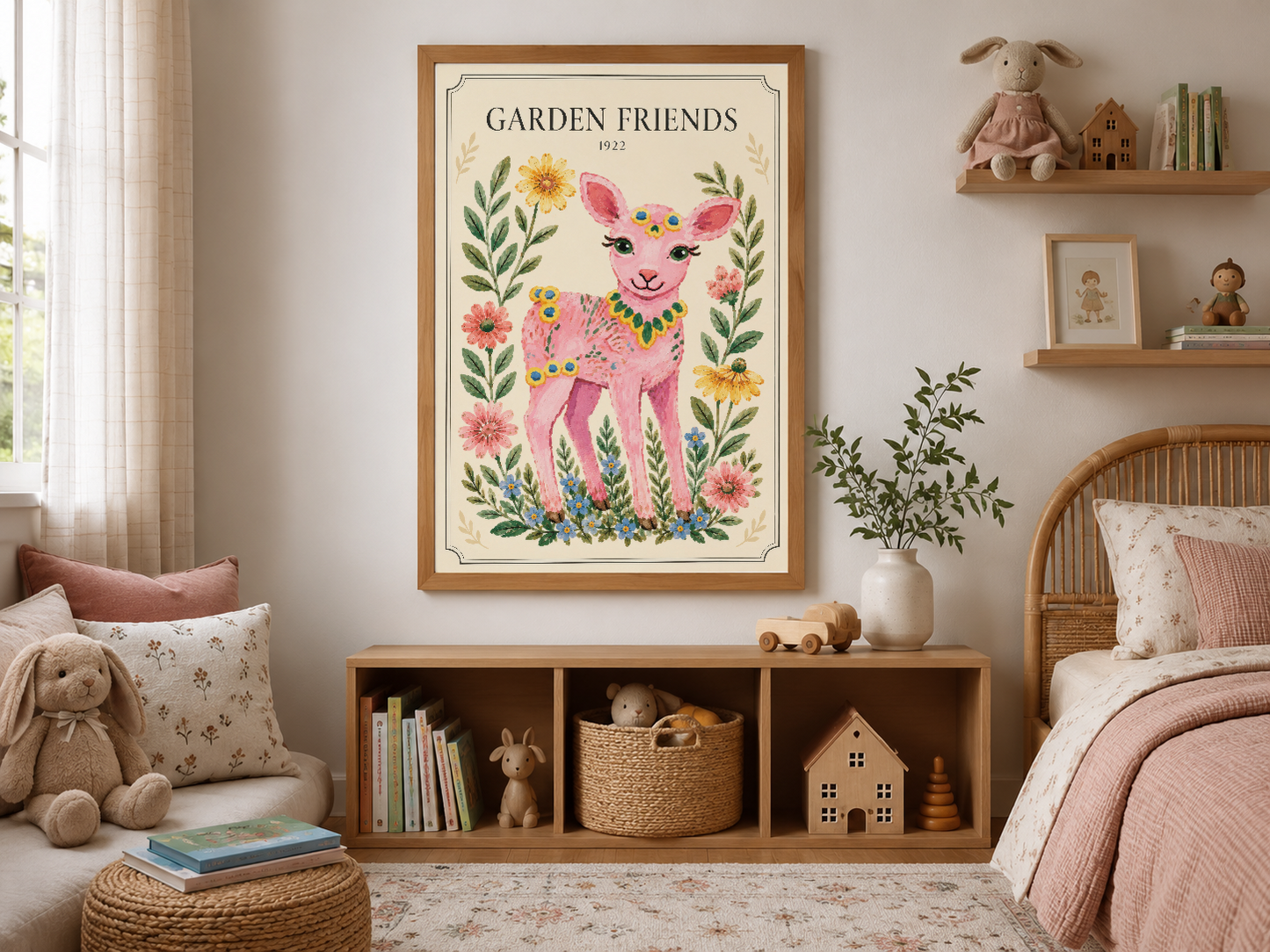 Kahverengi çerçeveli vintage geyik ve çiçek deseni poster, ahşap mobilyaların üstünde asılı duvar sanat parçası.