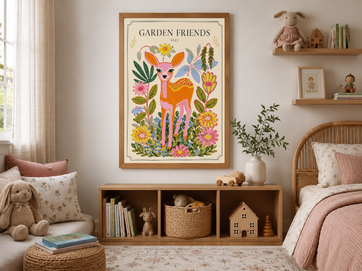 Ahşap çerçeveli Garden Friends posteri, ılık renklerle dekore edilmiş çocuk yatak odasının ana duvar parçası.