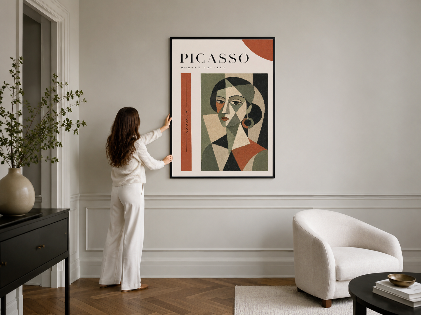 Picasso Modern Gallery çerçeveli posteri, geometrik portre tasarımı, siyah çerçeve, turuncu vurgu, minimal modern ev