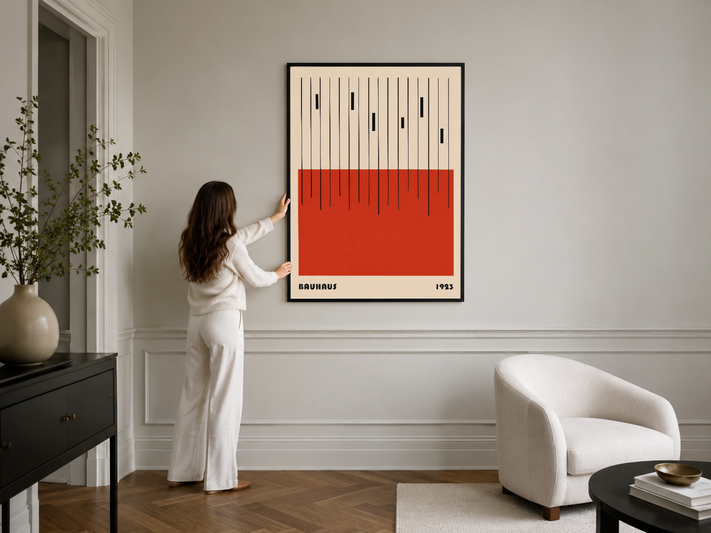 Siyah çerçeveli modern Bauhaus tablosu, minimalist kırmızı alan ve dikine çizgilerle oluşturulmuş sanatsal композисiya.