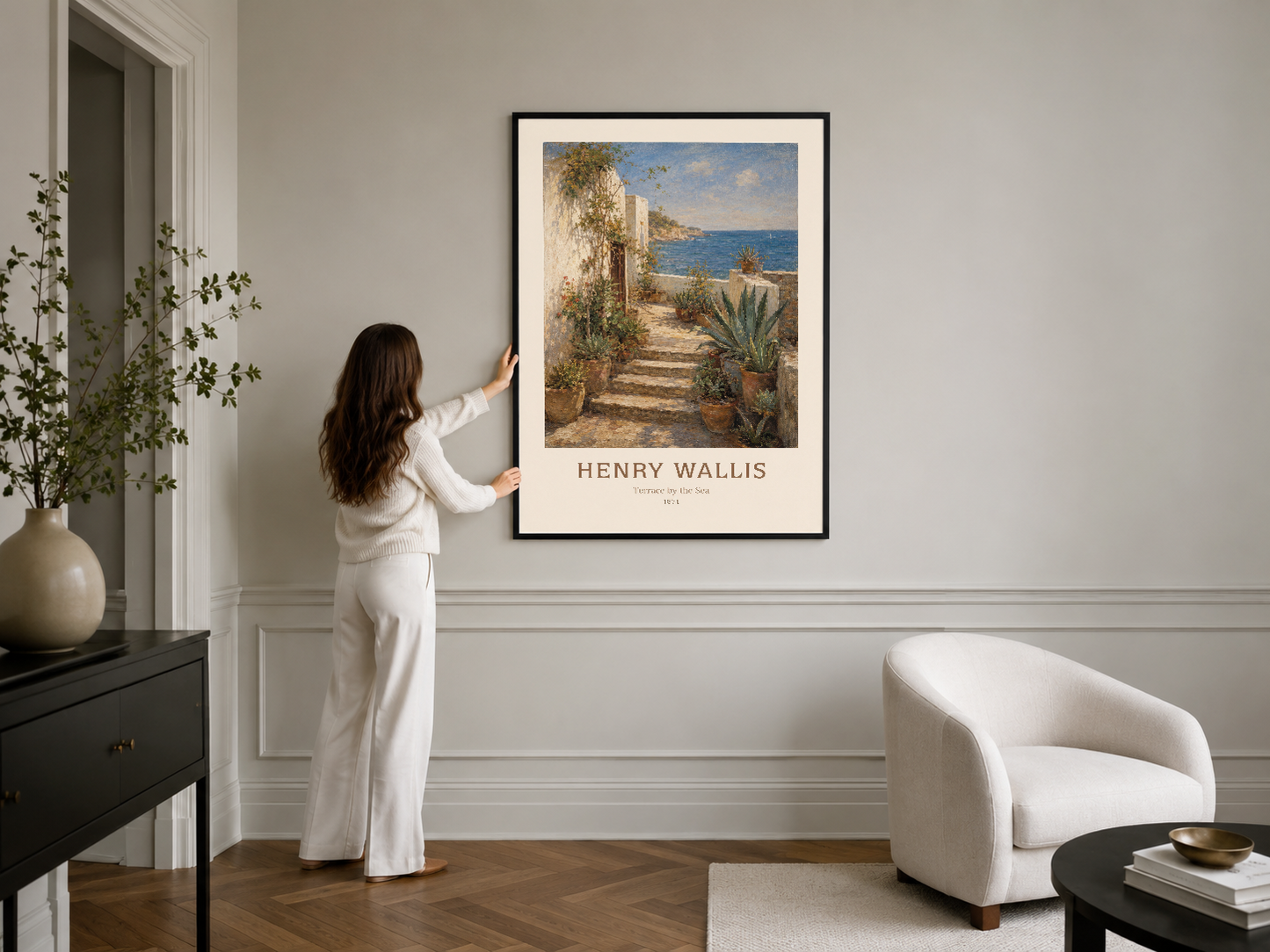 Henry Wallis'in terasa ve manzara resmetttiği posteri, şık çerçevesiyle modern ev dekorasyonuna sakinlik katıyor.