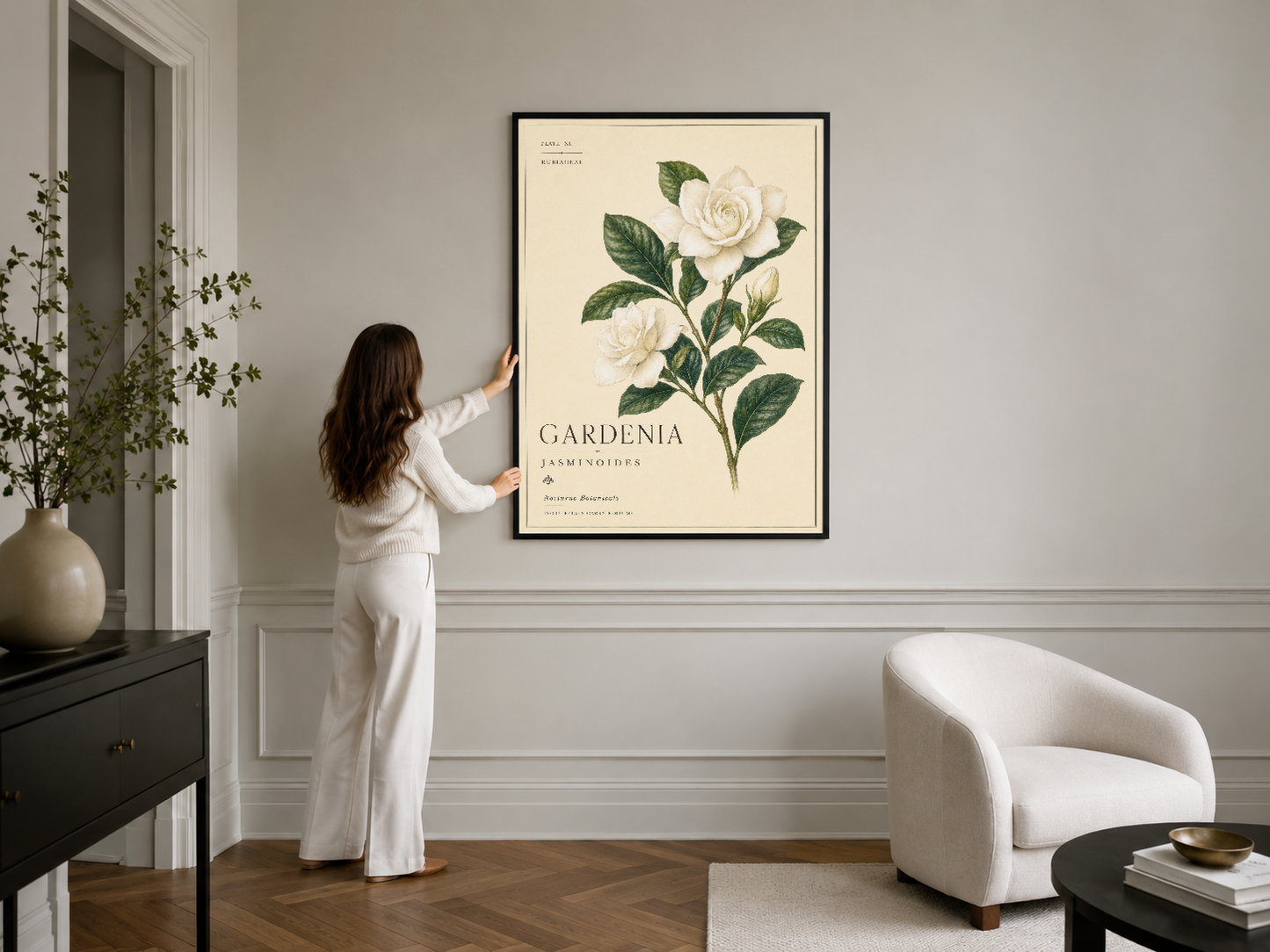 Gardenia jasminoides çerçeveli poster, siyah çerçeve, şık modern salon duvarında klasik botanik dekorasyon.