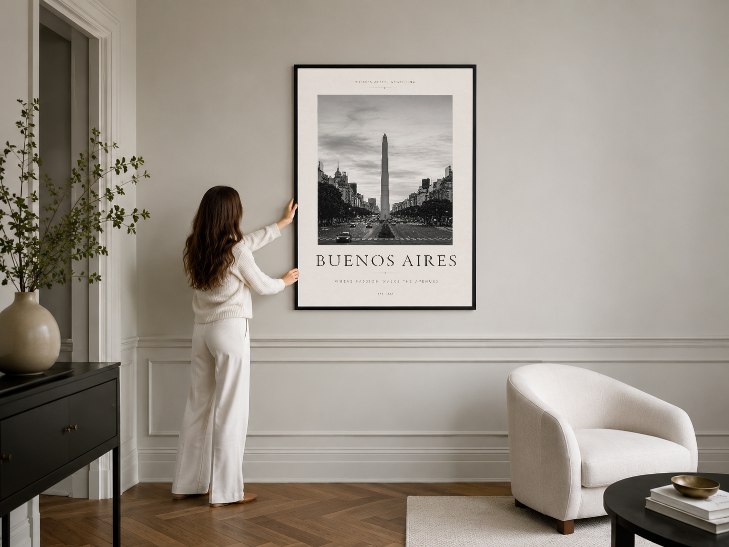 Buenos Aires Obelisks siyah çerçeveli poster, şik modern iç dekorasyonda duvar sanatı uygulaması, gri tonlarla uyumlu.