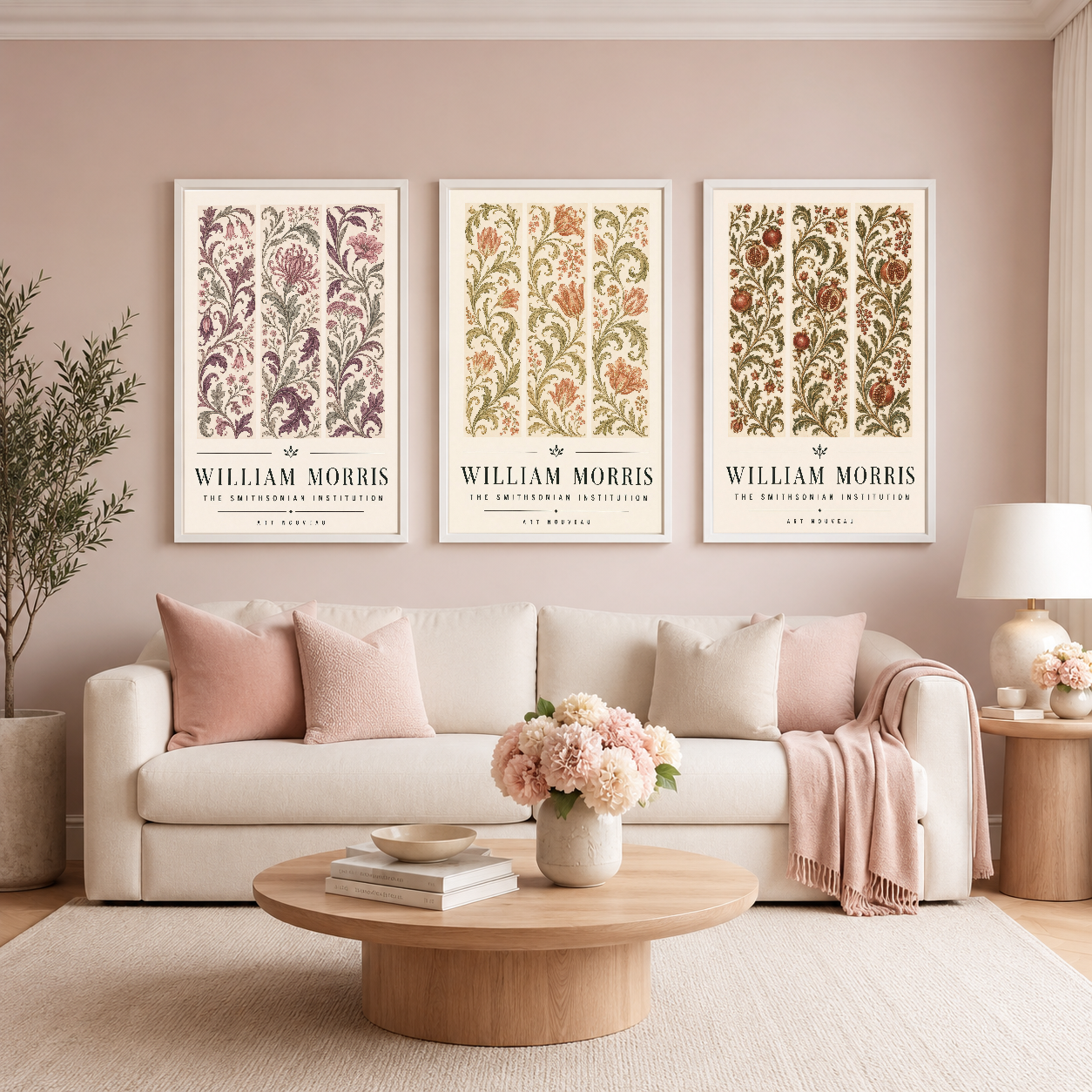 William Morris çiçek motifli üç parçalı tablo seti, beyaz çerçeveli, pembe duvarında kanepenin üstünde.