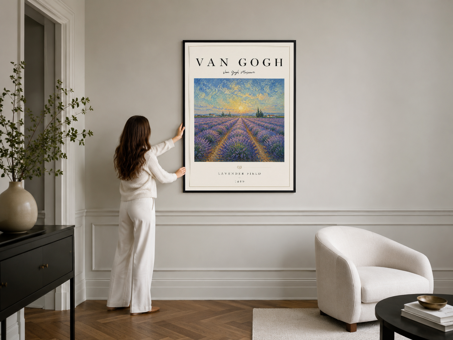 Van Gogh'un Lavender Field posterinin siyah çerçeveli versiyonu, klasik oturma odalarında zarafetle yer alan kültürel değeri