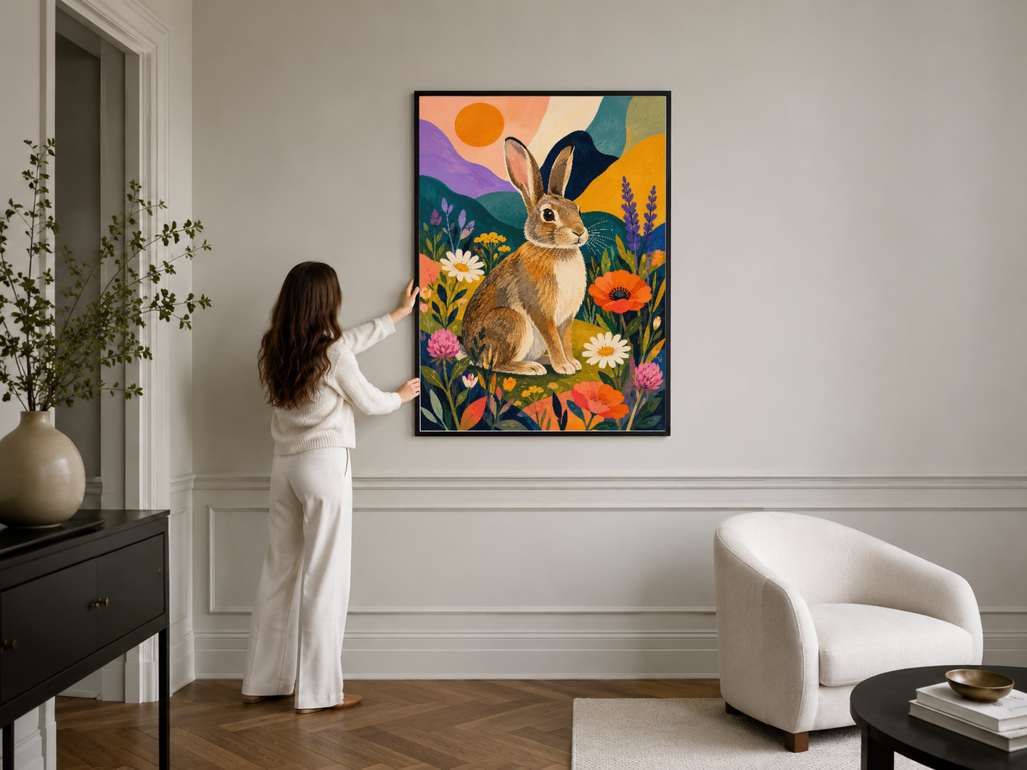 Rengarenk doğa sahneli tavşan sanat tablo, modern iç tasarımda odak noktası yaratmıştır.
